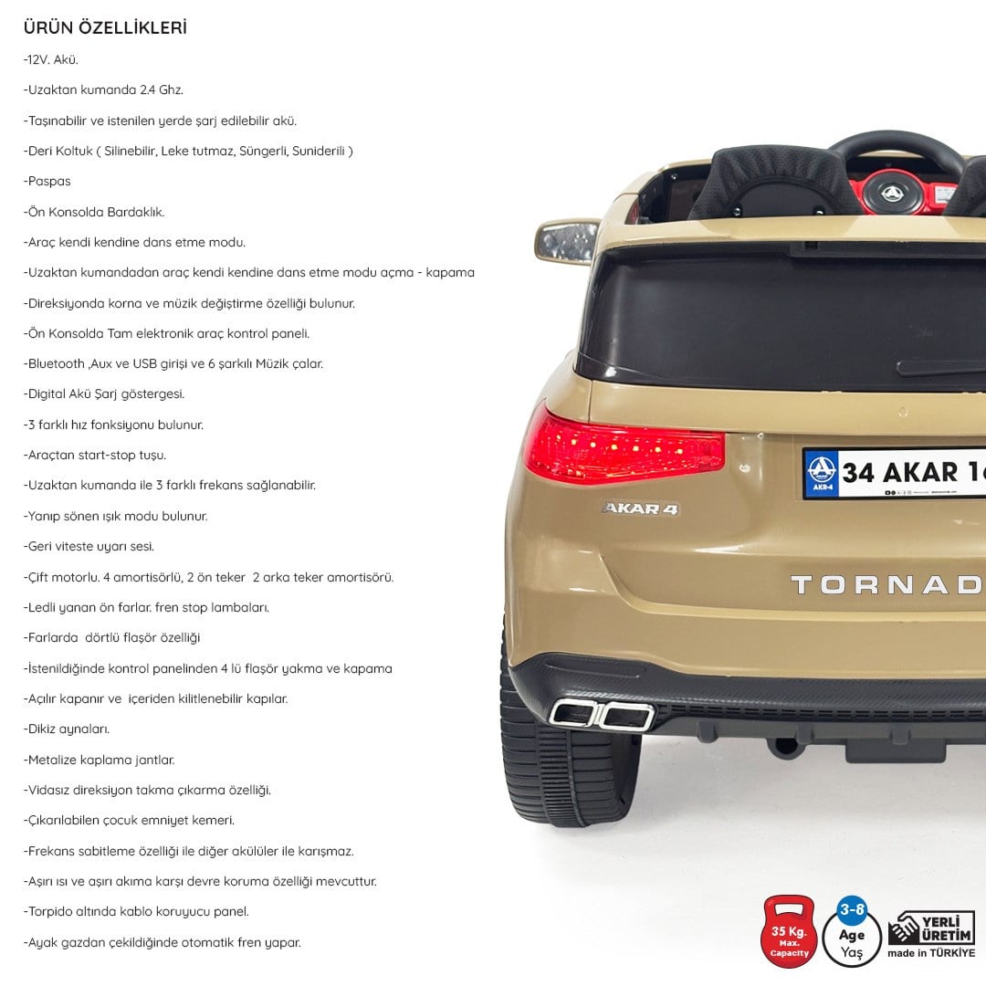 Akar Tornado 12 Volt Kumandalı Akülü Araba Bej