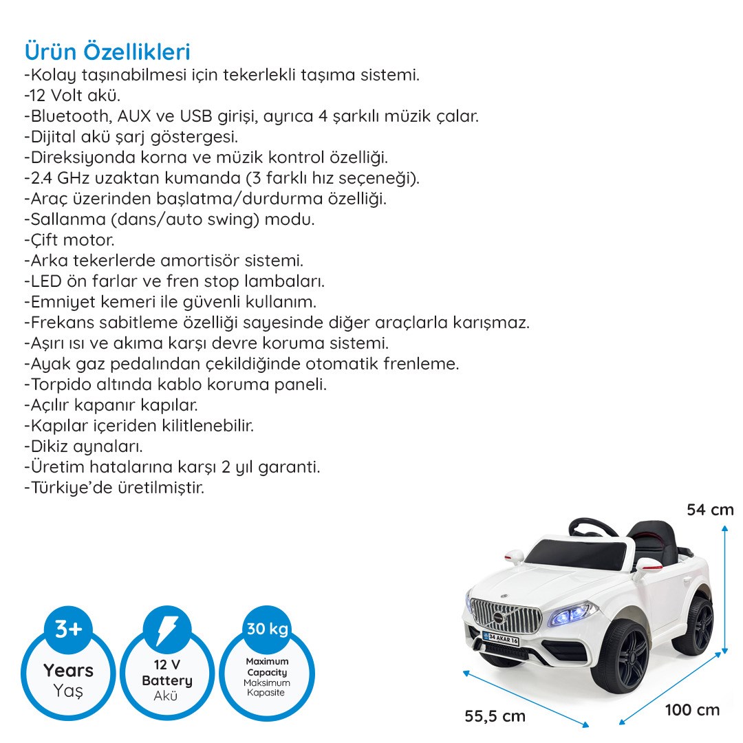 Akar Venom Akülü Kumandalı Araba 4x2 12 Volt Beyaz