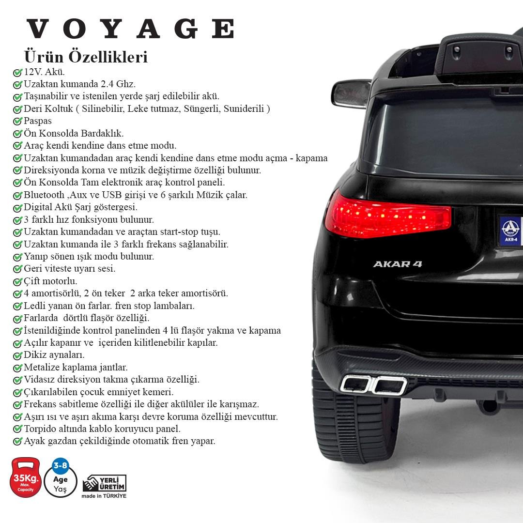Akar Voyage GT Siyah Uzaktan Kumandalı 4X2 12 VOLT Akülü Araba(97-237)