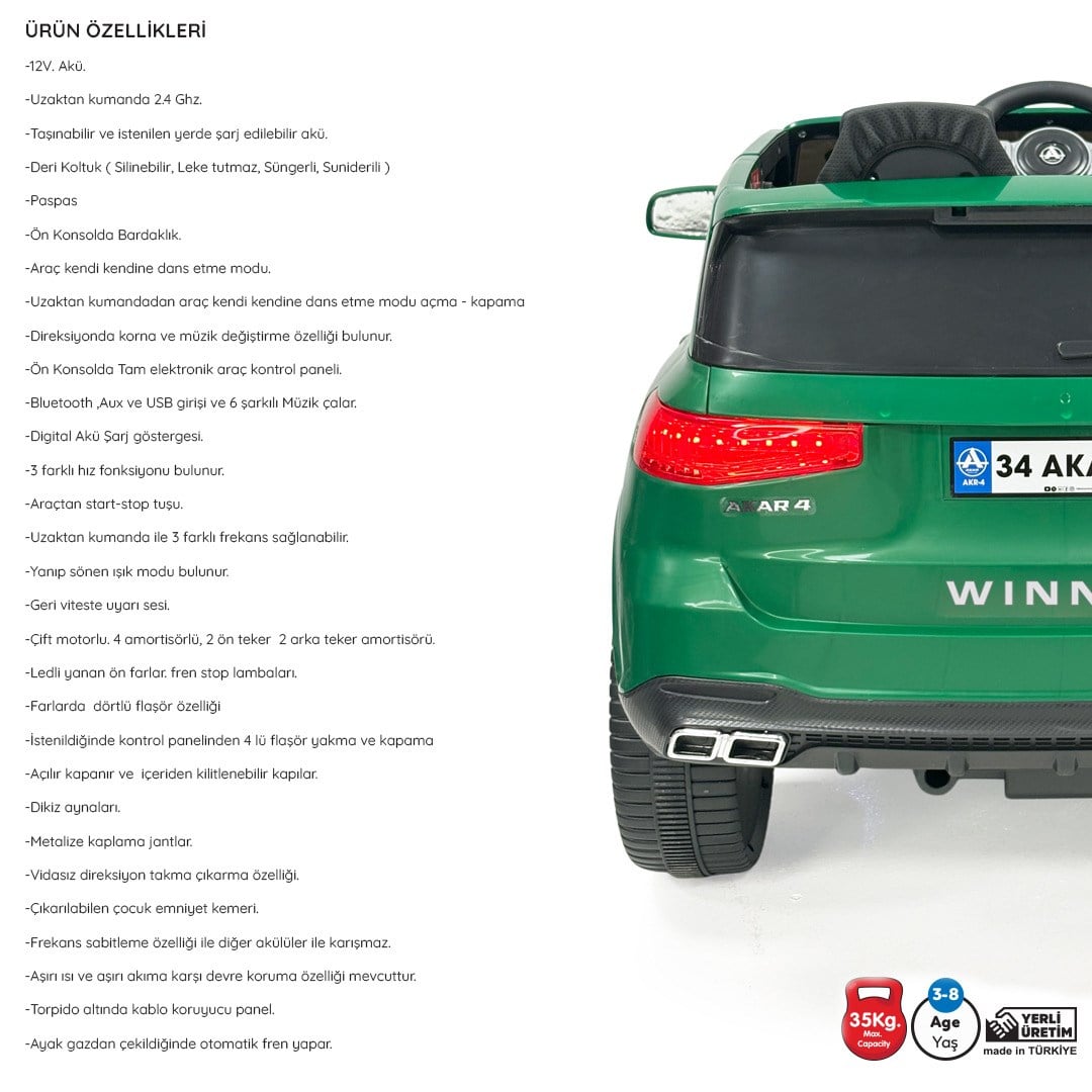 Akar Wınner Komandalı 12 Volt Akülü Araba Zümrüt Yeşili