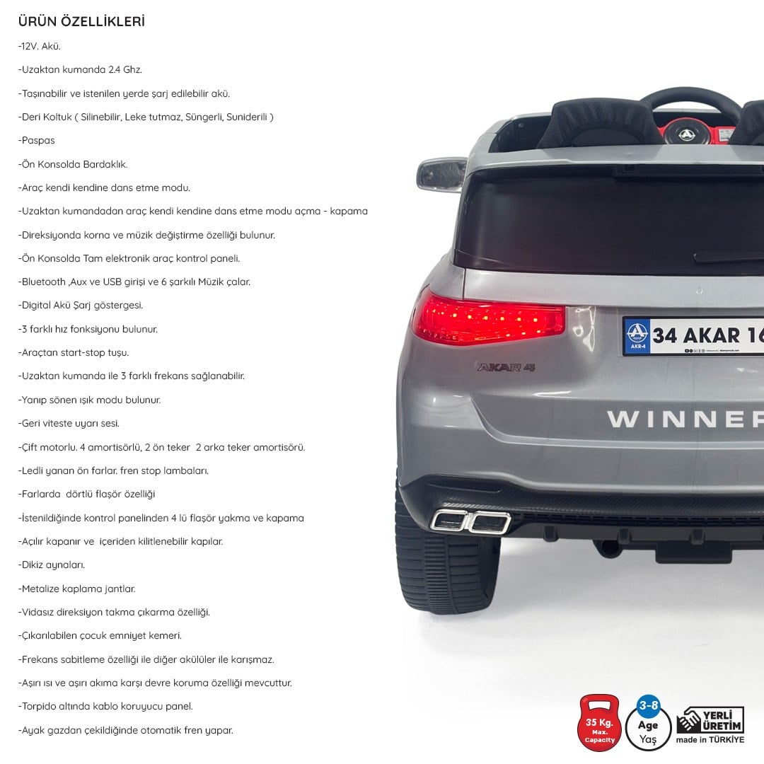 Akar Wınner Komandalı 12 Volt Akülü Araba Gri