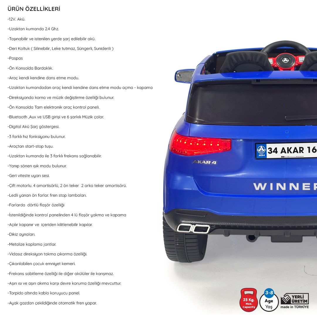Akar Wınner Komandalı 12 Volt Akülü Araba Okyanus Mavi
