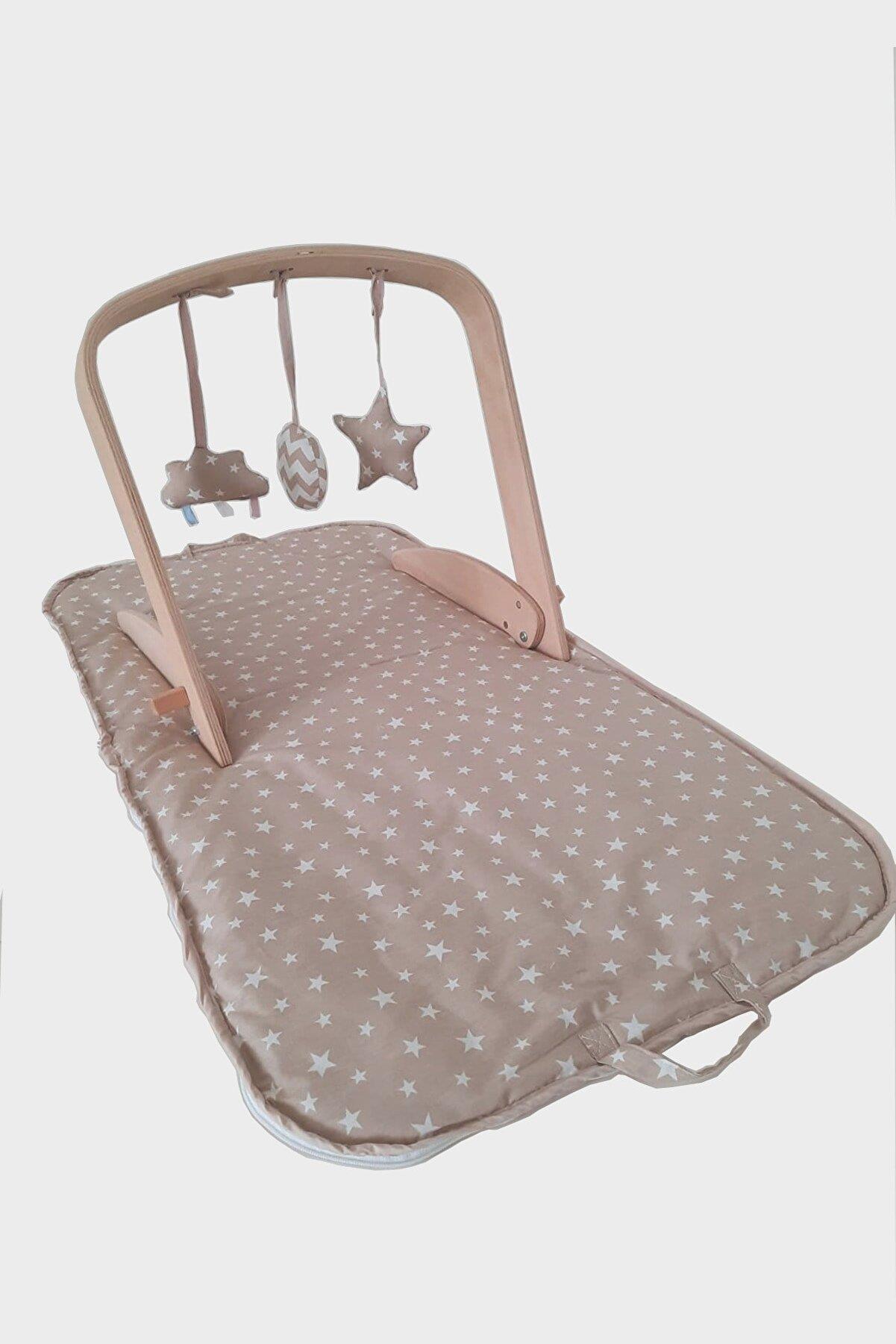 Baby Tech Minderli Ahşap Oyun Barı - Kumaş Oyuncaklı - Kahve Yıldızlı