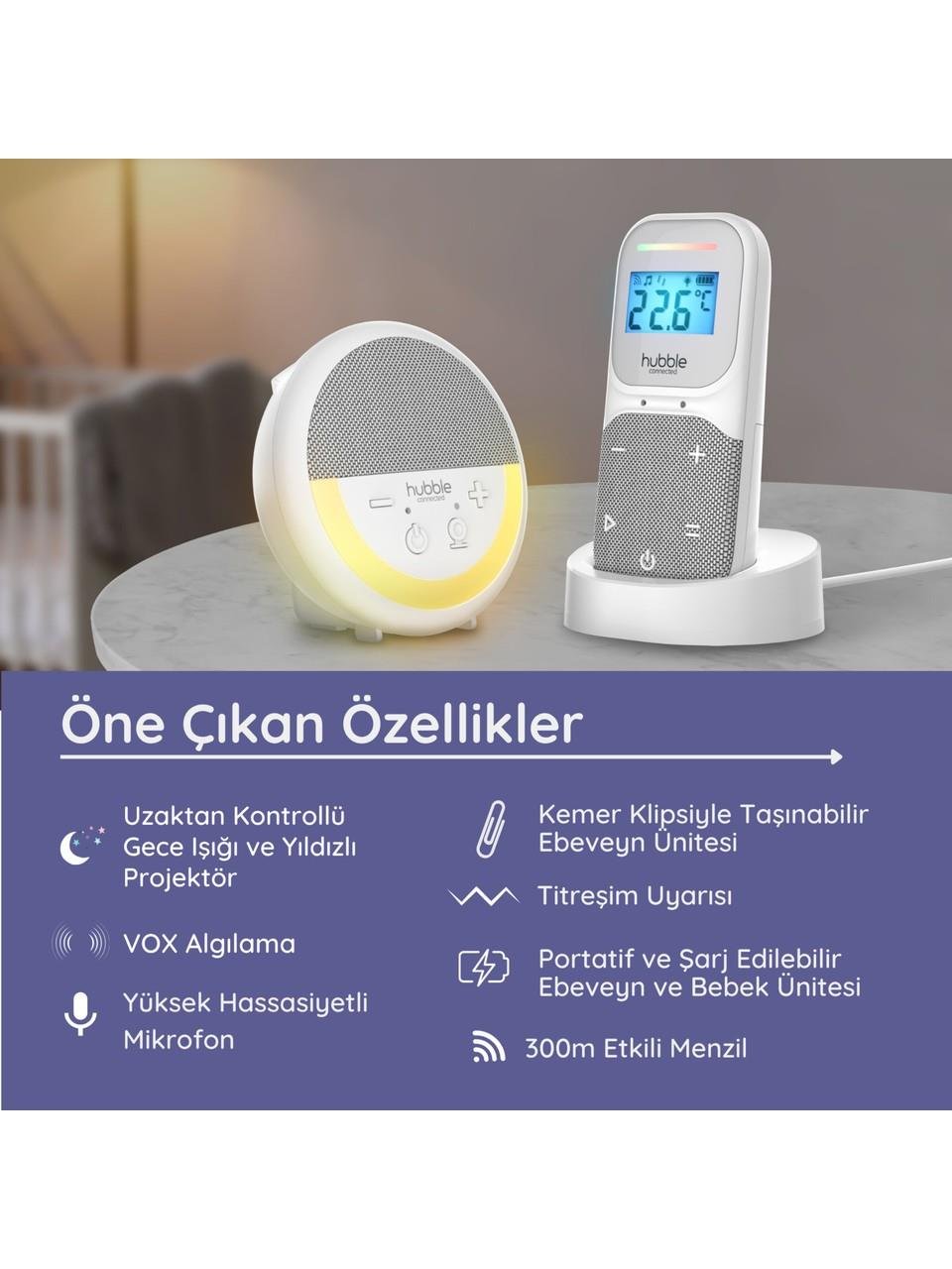 Hubble Sense Glow Pro Gece Işıklı ve Projektörlü Taşınabilir Bebek Telsiz