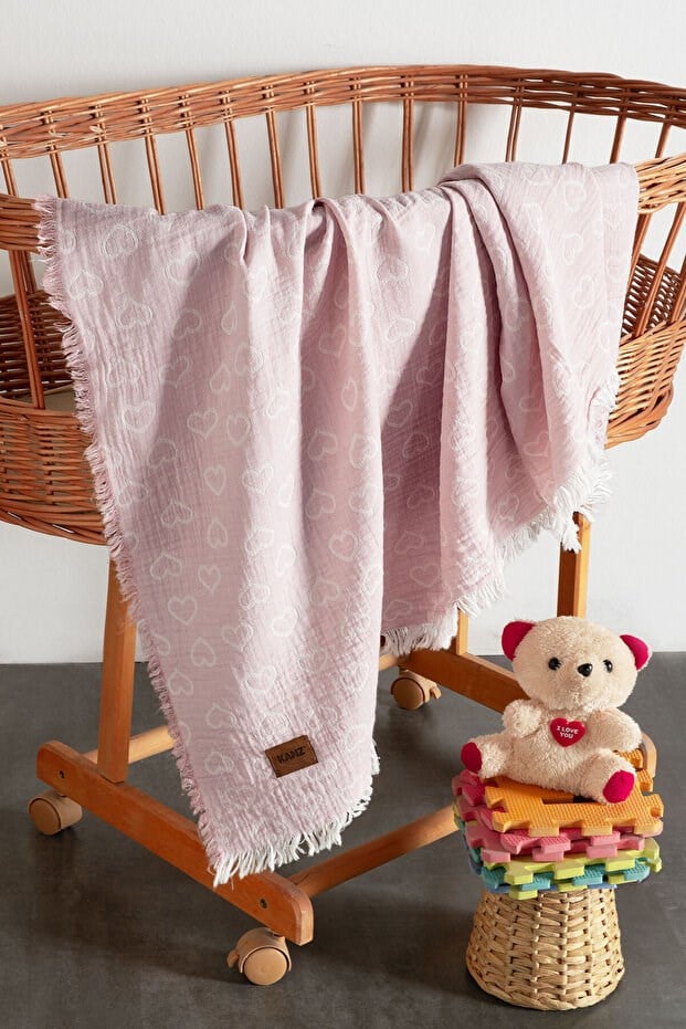 Kanz Bebek 2 Kat Müslin Jakarlı Örtü Knz-029 Heart Pembe
