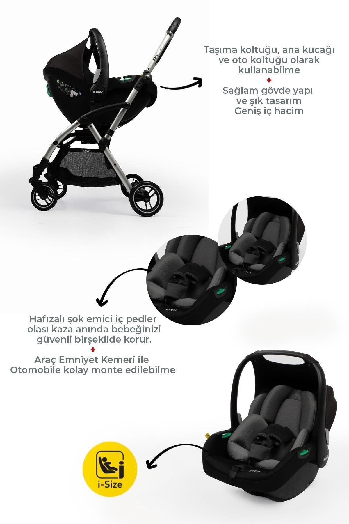 Kanz Marcus Kolay Katlanabilen Kabin Travel Sistem Bebek Arabası Raisin Black