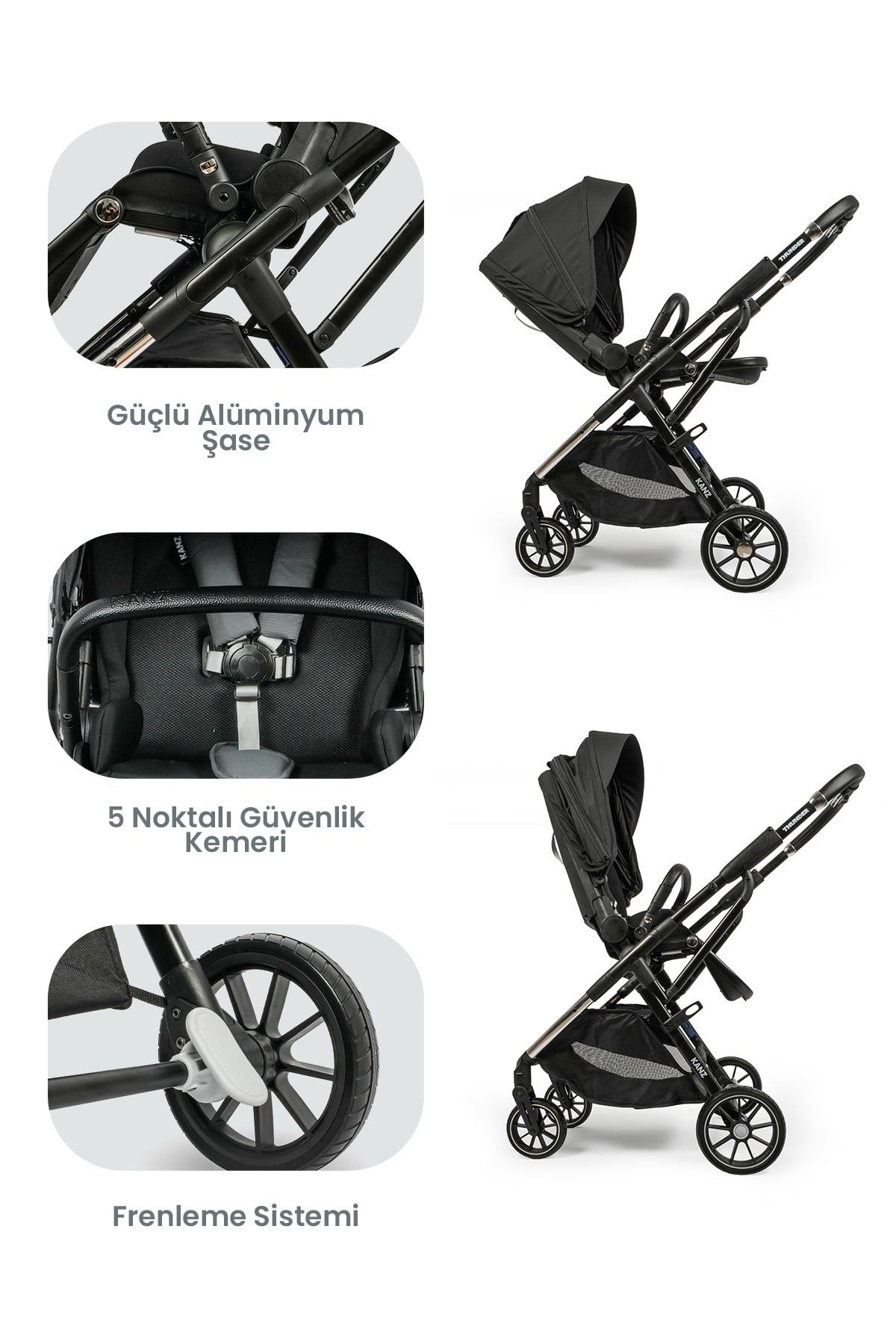 KANZ Thunder Kolay Katlanabilen Travel Sistem Bebek Arabası Oreoblack