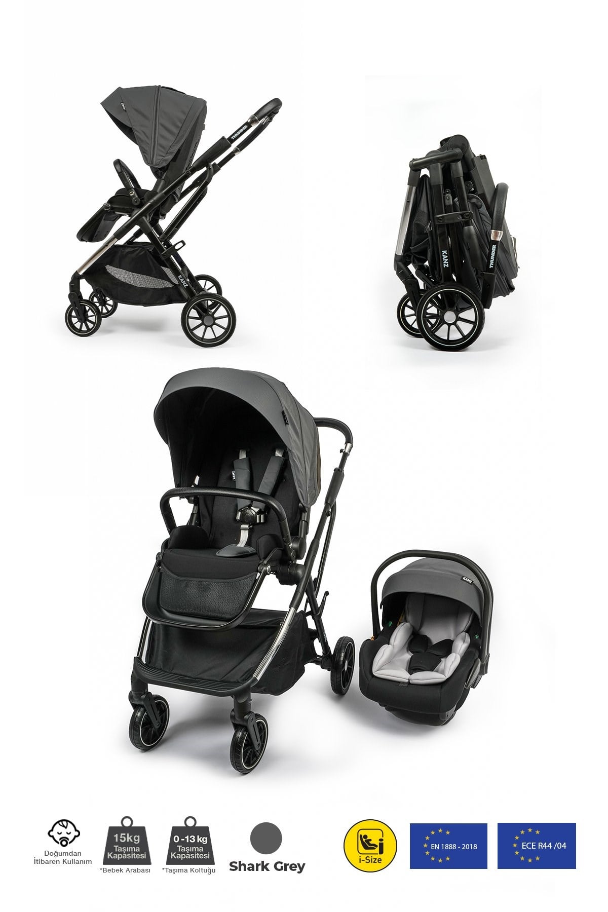 KANZ Thunder Kolay Katlanabilen Travel Sistem Bebek Arabası Sharkgrey