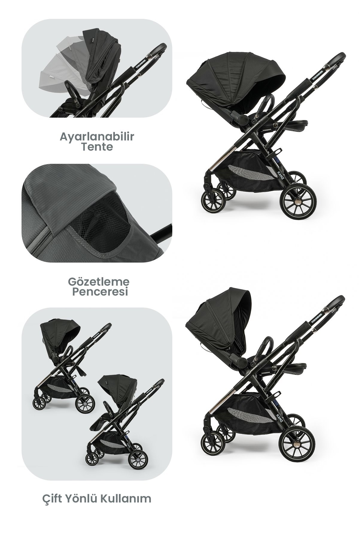 KANZ Thunder Kolay Katlanabilen Travel Sistem Bebek Arabası Oreoblack
