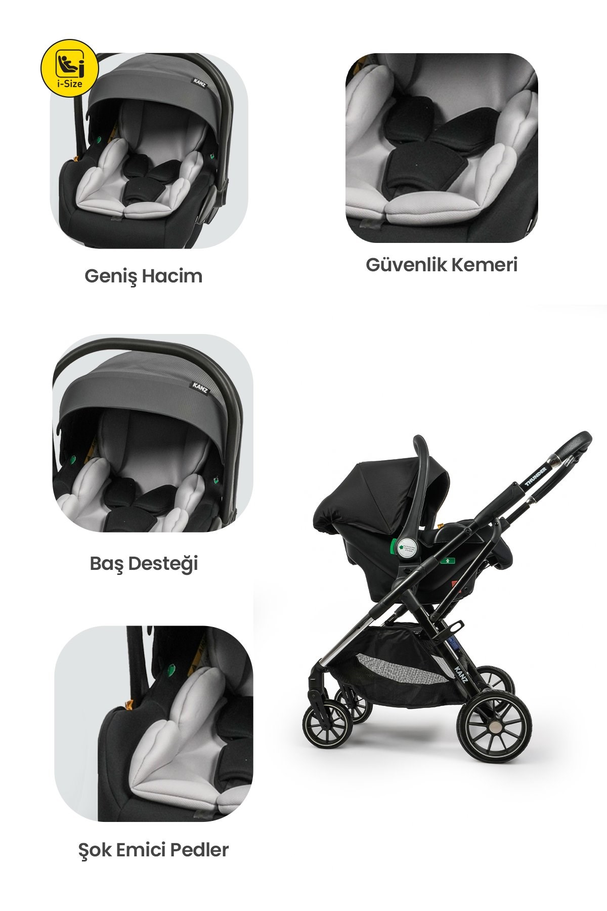 KANZ Thunder Kolay Katlanabilen Travel Sistem Bebek Arabası Oreoblack