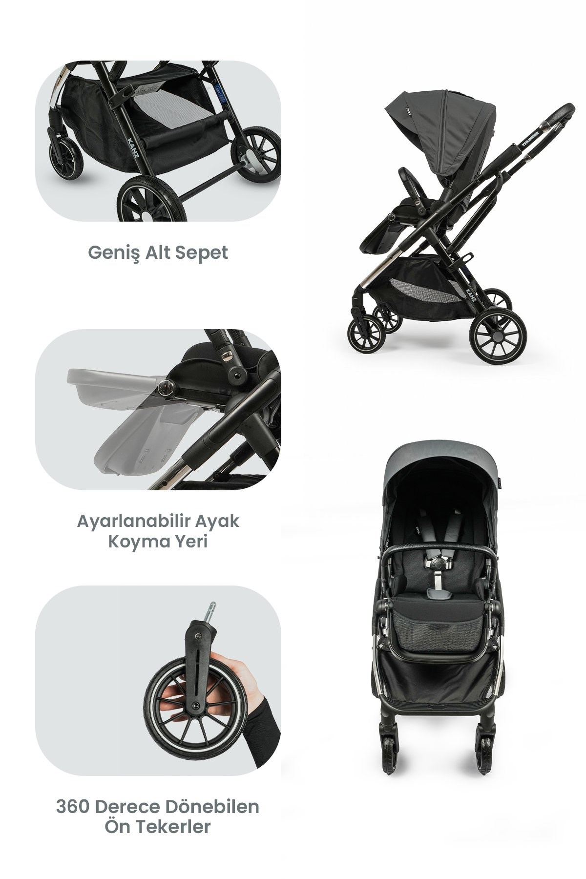 KANZ Thunder Kolay Katlanabilen Travel Sistem Bebek Arabası Sharkgrey