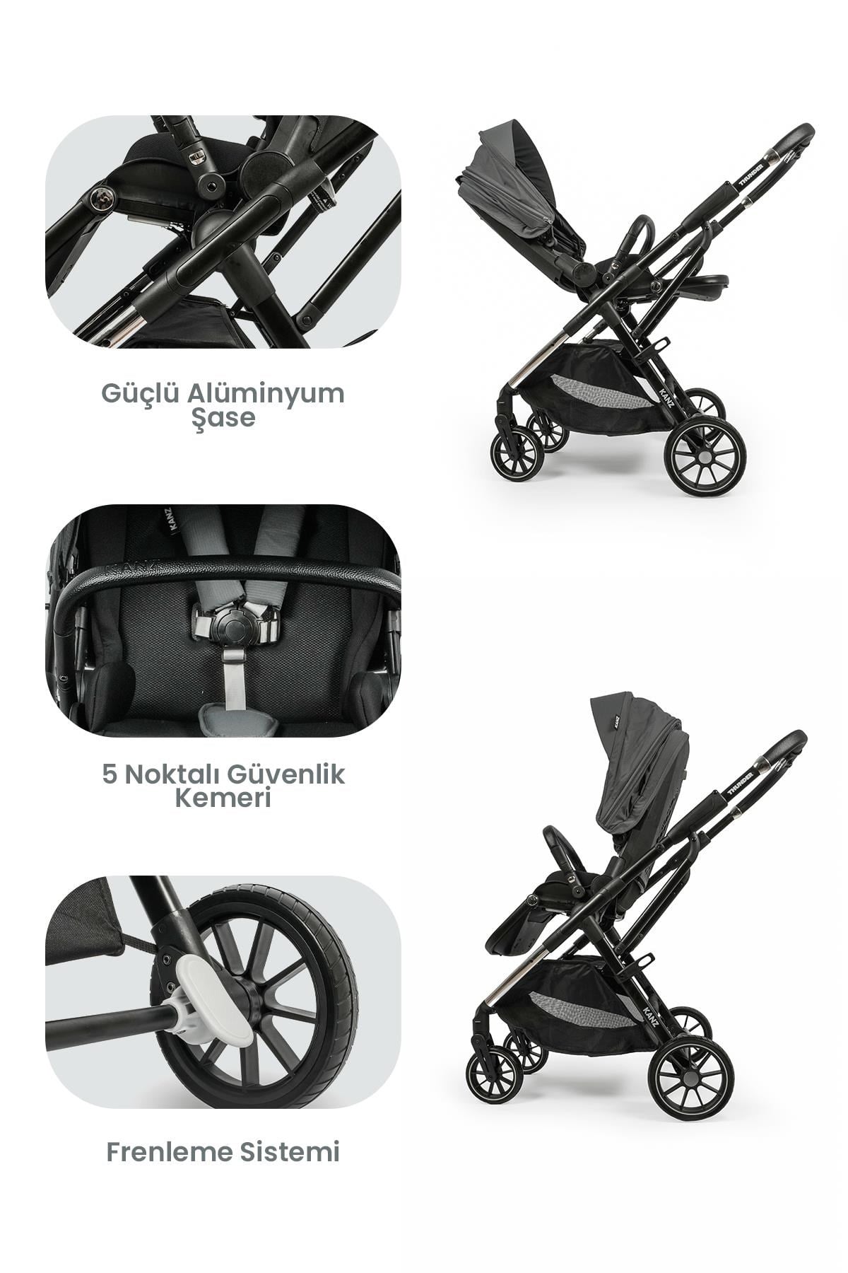 KANZ Thunder Kolay Katlanabilen Travel Sistem Bebek Arabası Sharkgrey