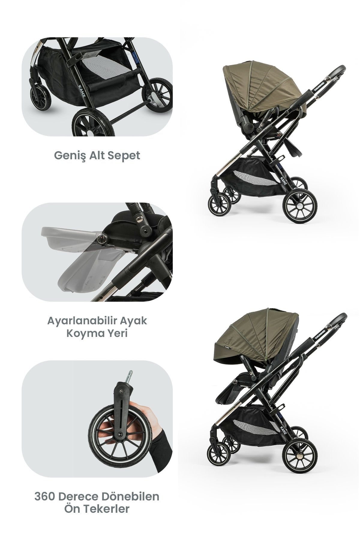KANZ Thunder Kolay Katlanabilen Travel Sistem Bebek Arabası Pinegreen