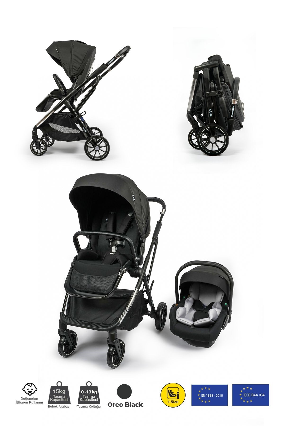 KANZ Thunder Kolay Katlanabilen Travel Sistem Bebek Arabası Oreoblack