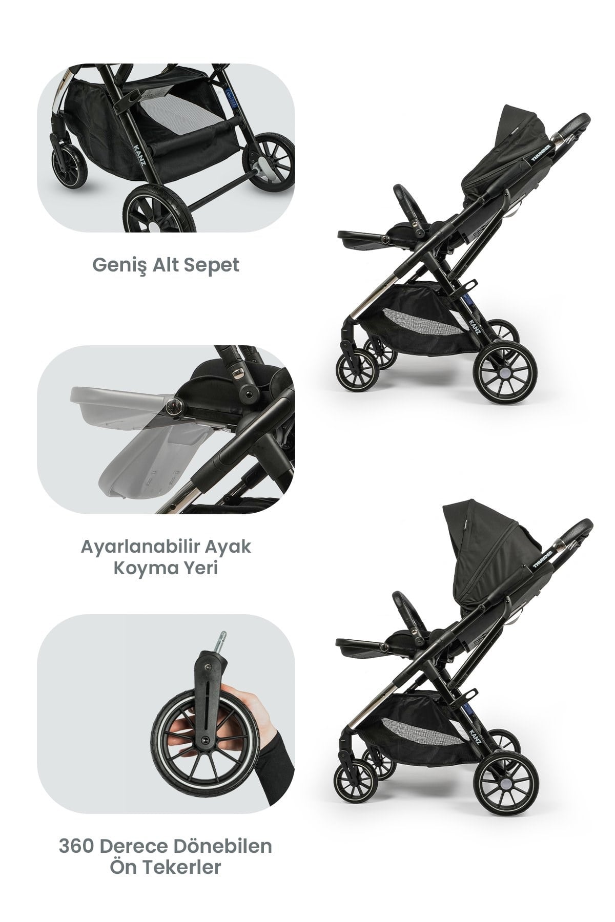 KANZ Thunder Kolay Katlanabilen Travel Sistem Bebek Arabası Oreoblack