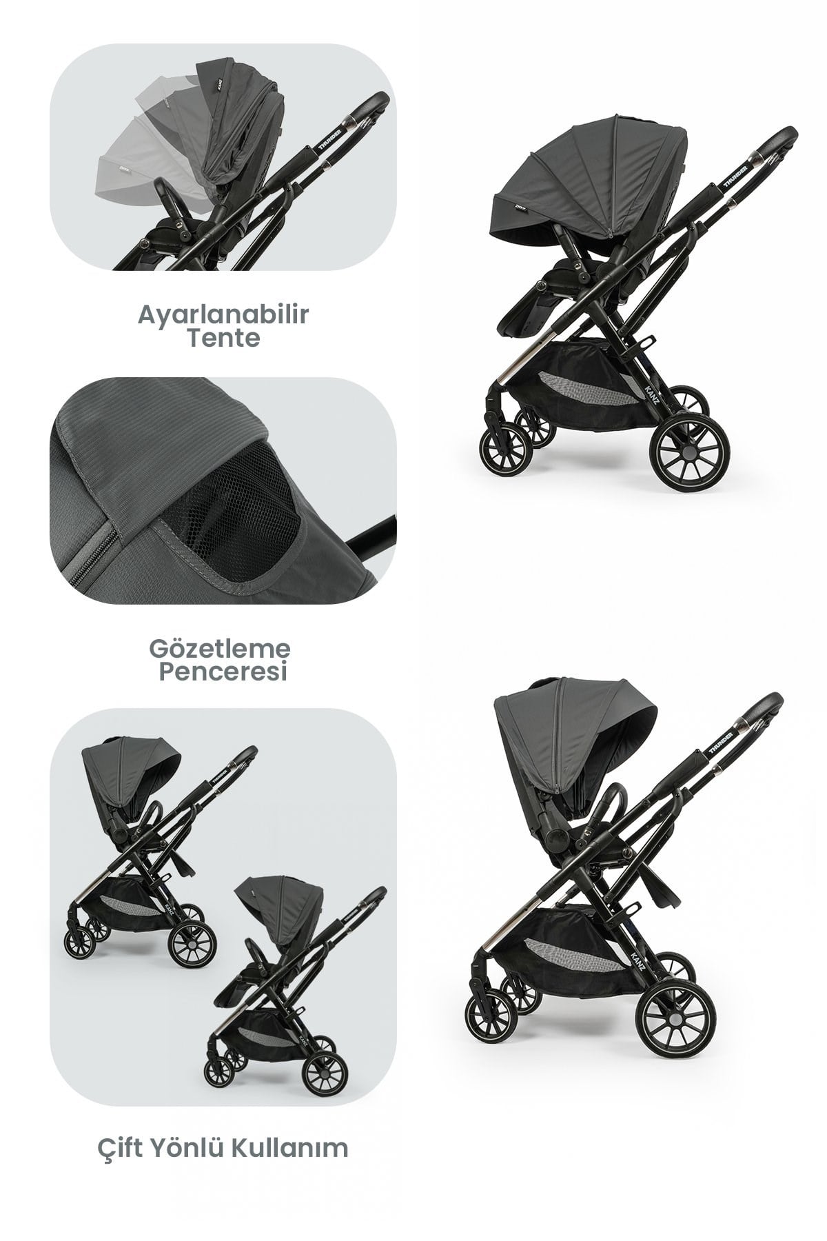 KANZ Thunder Kolay Katlanabilen Travel Sistem Bebek Arabası Sharkgrey