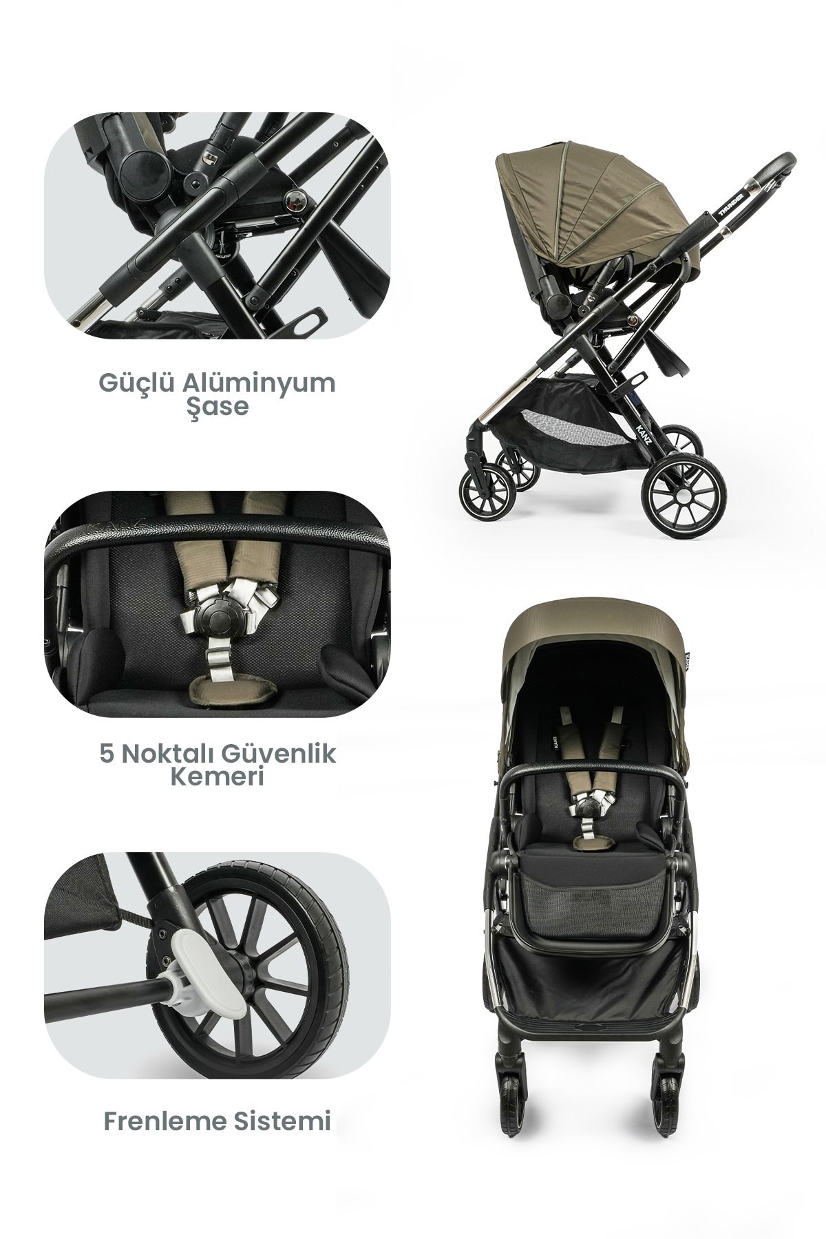 KANZ Thunder Kolay Katlanabilen Travel Sistem Bebek Arabası Pinegreen