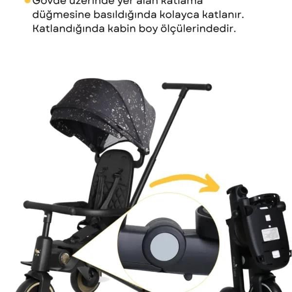 Merkür Bebe 9in1 Hawk Çift Yönlü Katlanabilir Yatabilir Ayak Destekli Üç Tekerlekli Bebek ve Çocuk Bisikleti Premium Gold