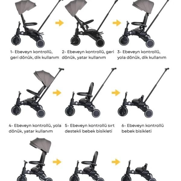 Merkür Bebe 9in1 Hawk Çift Yönlü Katlanabilir Yatabilir Ayak Destekli Üç Tekerlekli Bebek ve Çocuk Bisikleti Premium Gold
