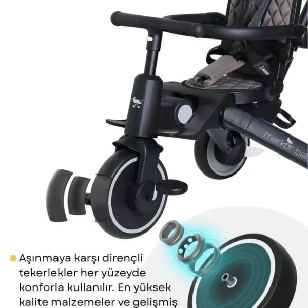 Merkür Bebe 9in1 Hawk Çift Yönlü Katlanabilir Yatabilir Ayak Destekli Üç Tekerlekli Bebek ve Çocuk Bisikleti Premium Gold