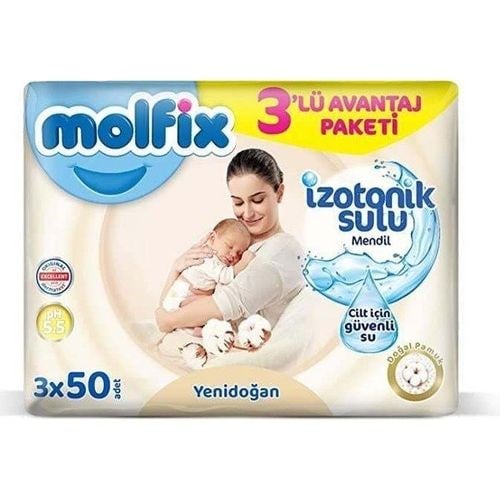 Molfix Yenidoğan İzotonik Sulu Doğal Pamuk Islak Havlu Mendil 3'Lü 150 Yaprak
