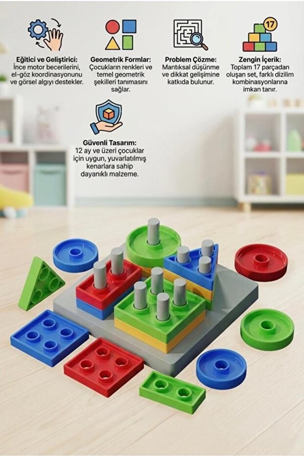 Uj Toys 17 Parça 4 Farklı Renkli Eğlenceli Geometrik Şekilli Zeka Geliştirici Eğitici Bul-Tak Oyun Seti