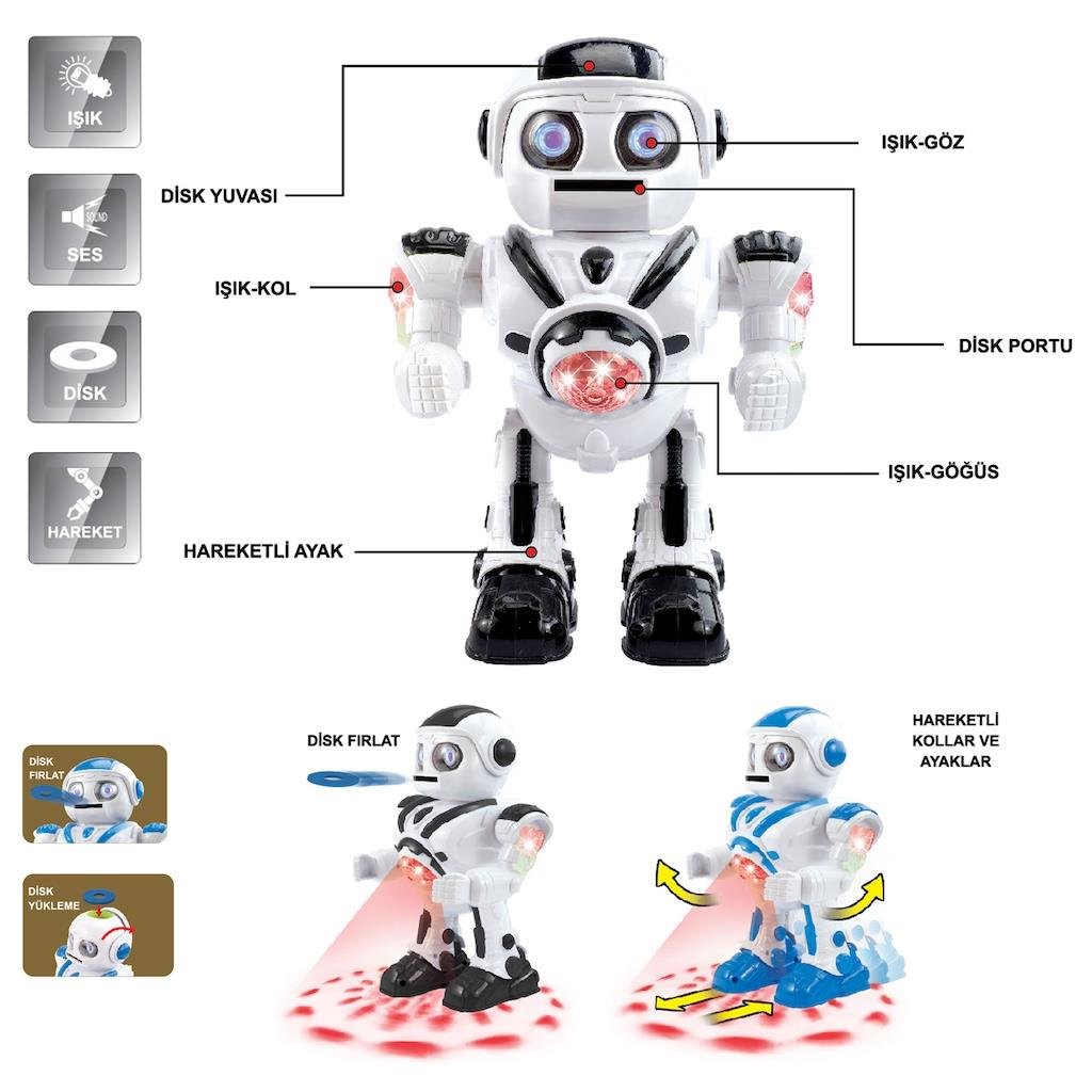 Vardem Işıklı ve Müzikli Disk Atan Uzay Savaşçısı Pilli Robot