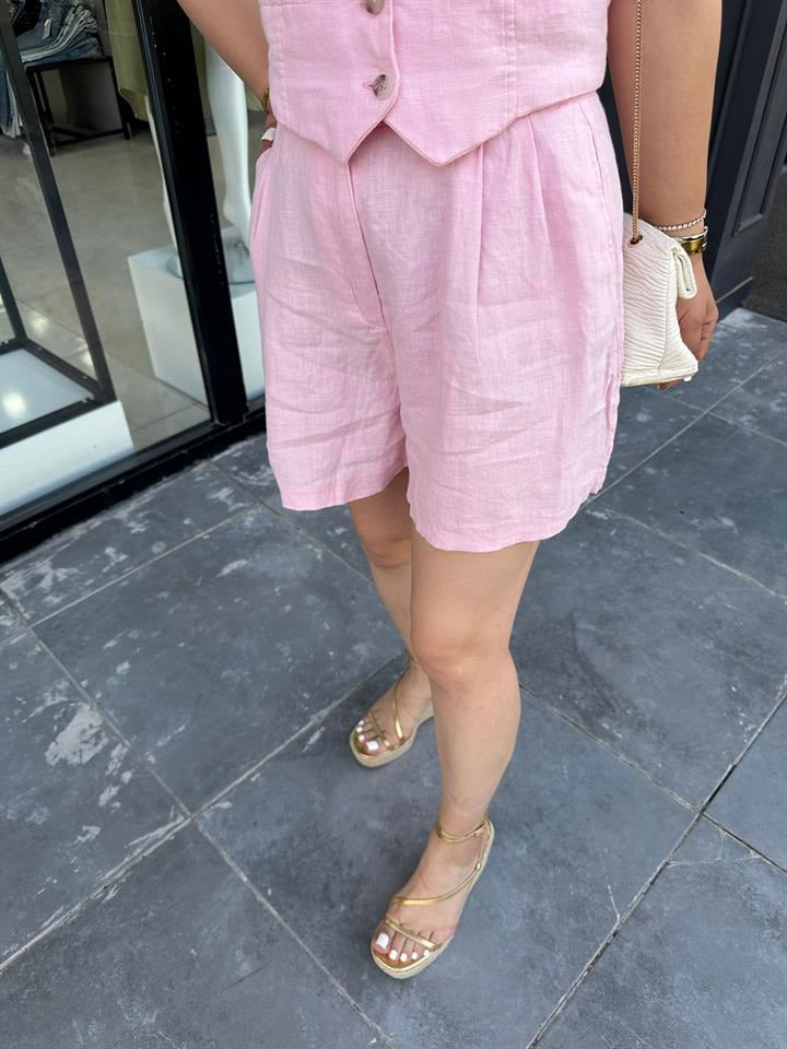  Pembe %100 Ham Keten Şort
