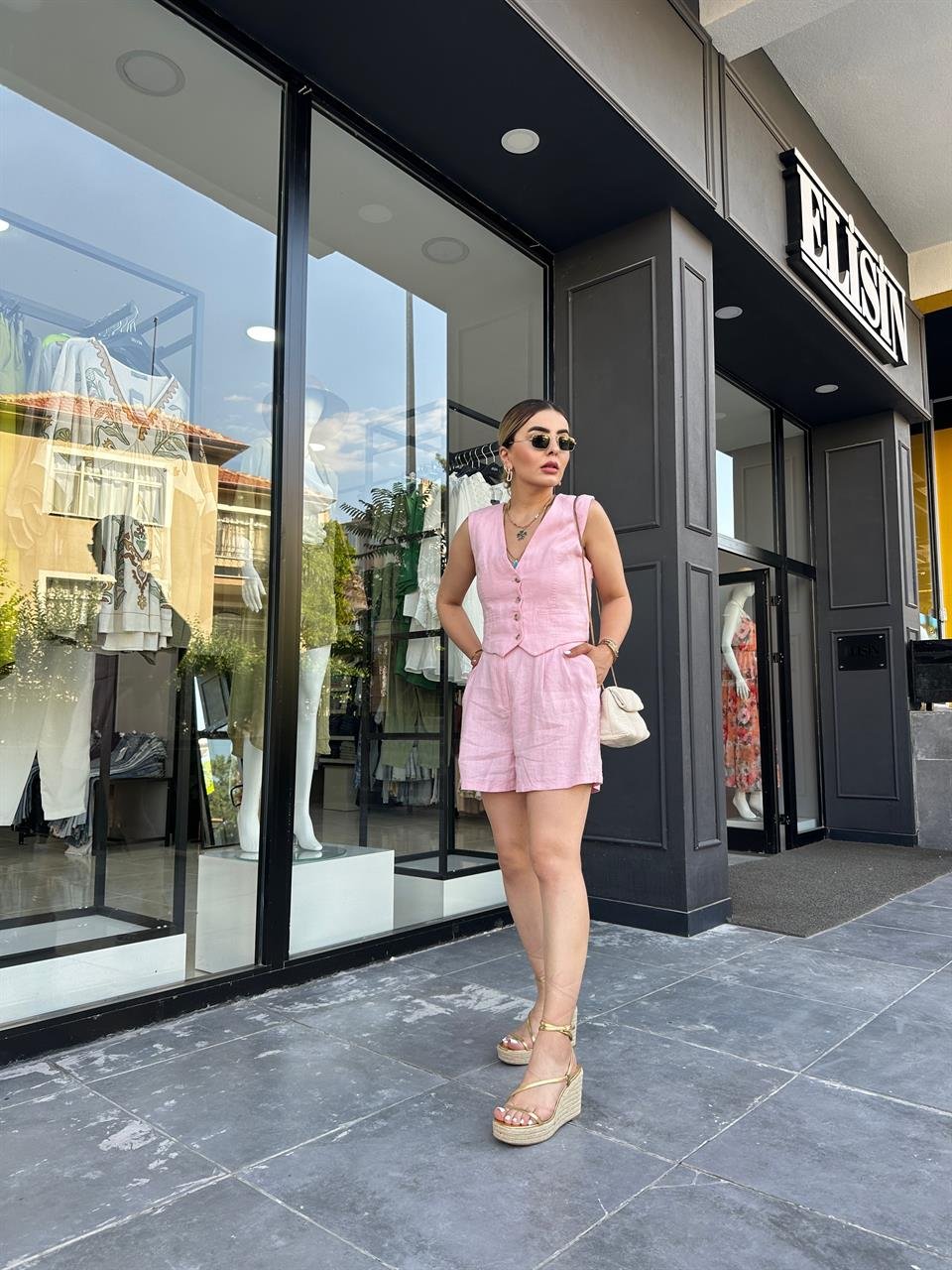  Pembe %100 Ham Keten Şort
