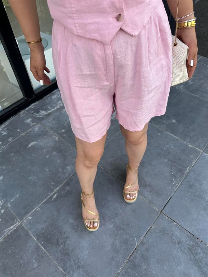  Pembe %100 Ham Keten Şort