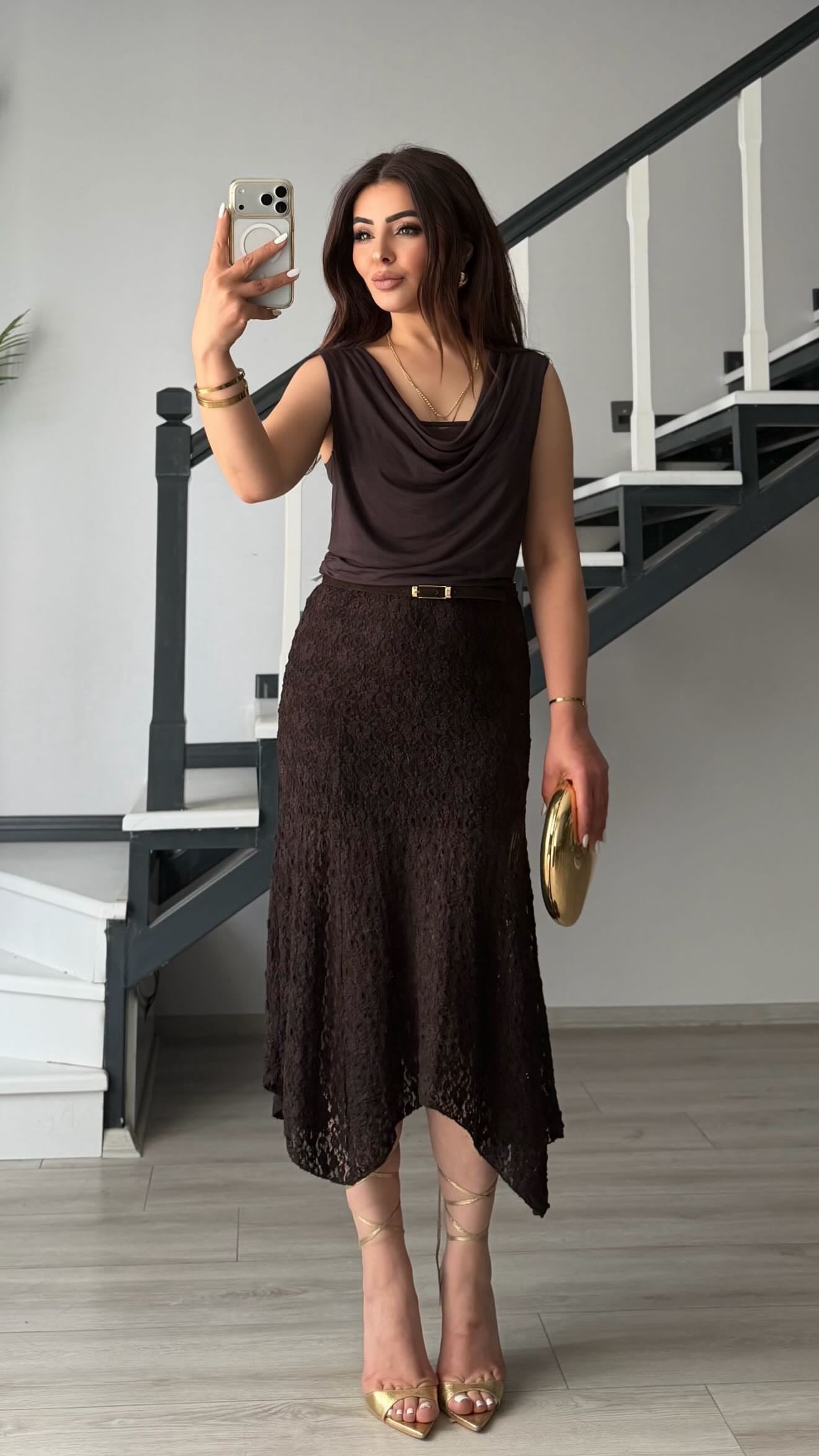 Dark Brown Asymmetric Cut Midi Lace Skirt