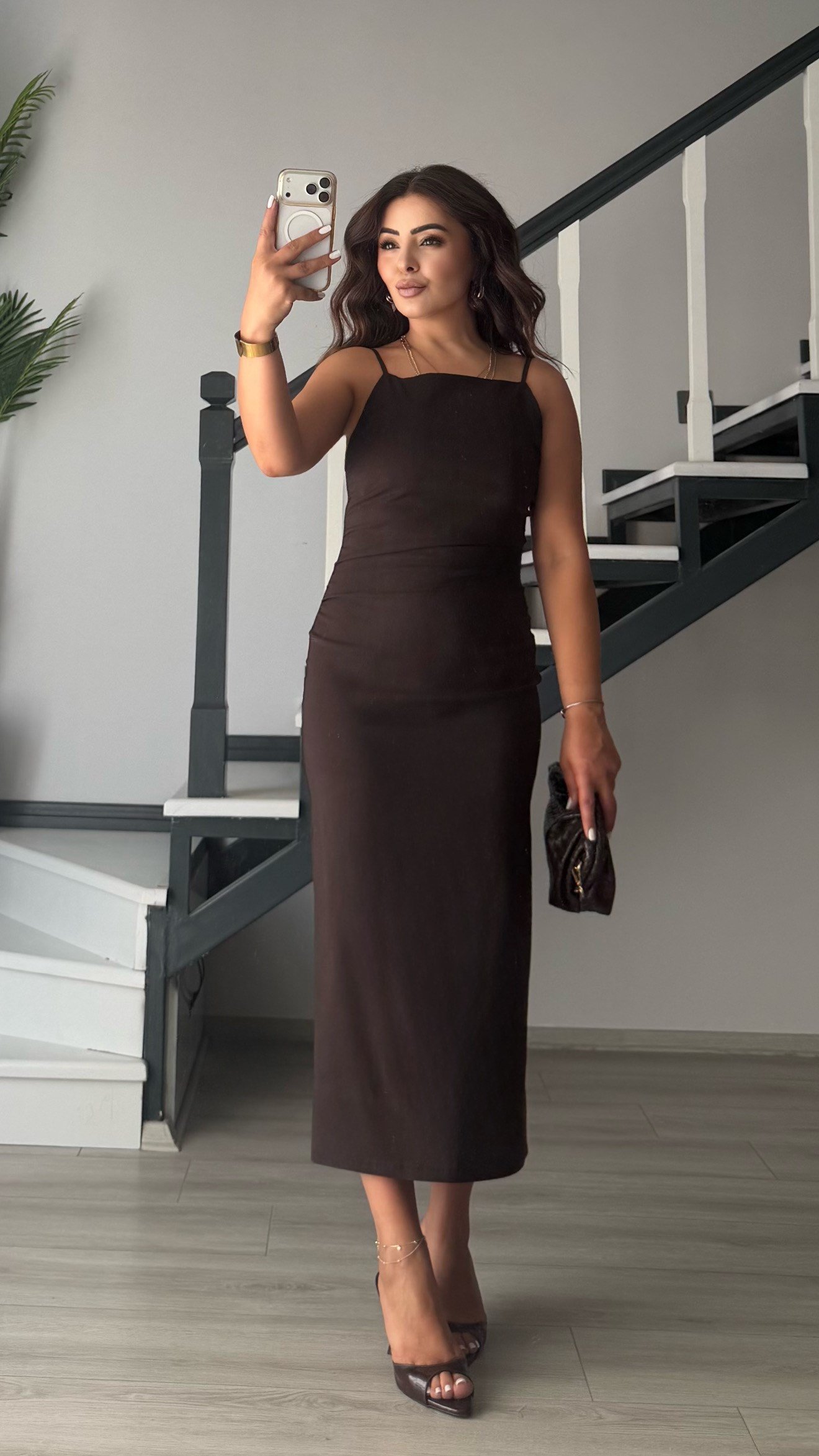 Bitter Brown Ruched Midi Dress with Adjustable Straps
