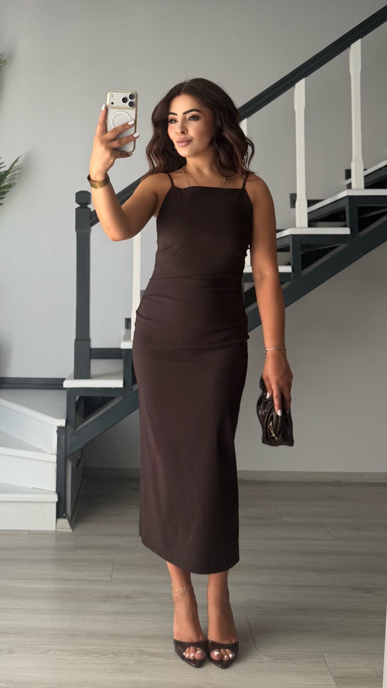 Bitter Brown Ruched Midi Dress with Adjustable Straps