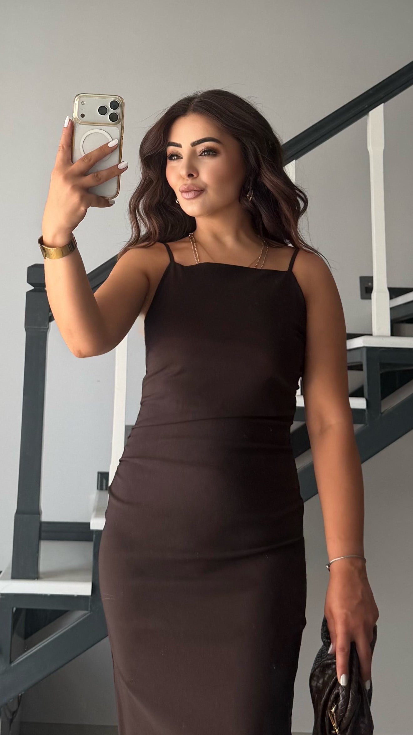 Bitter Brown Ruched Midi Dress with Adjustable Straps