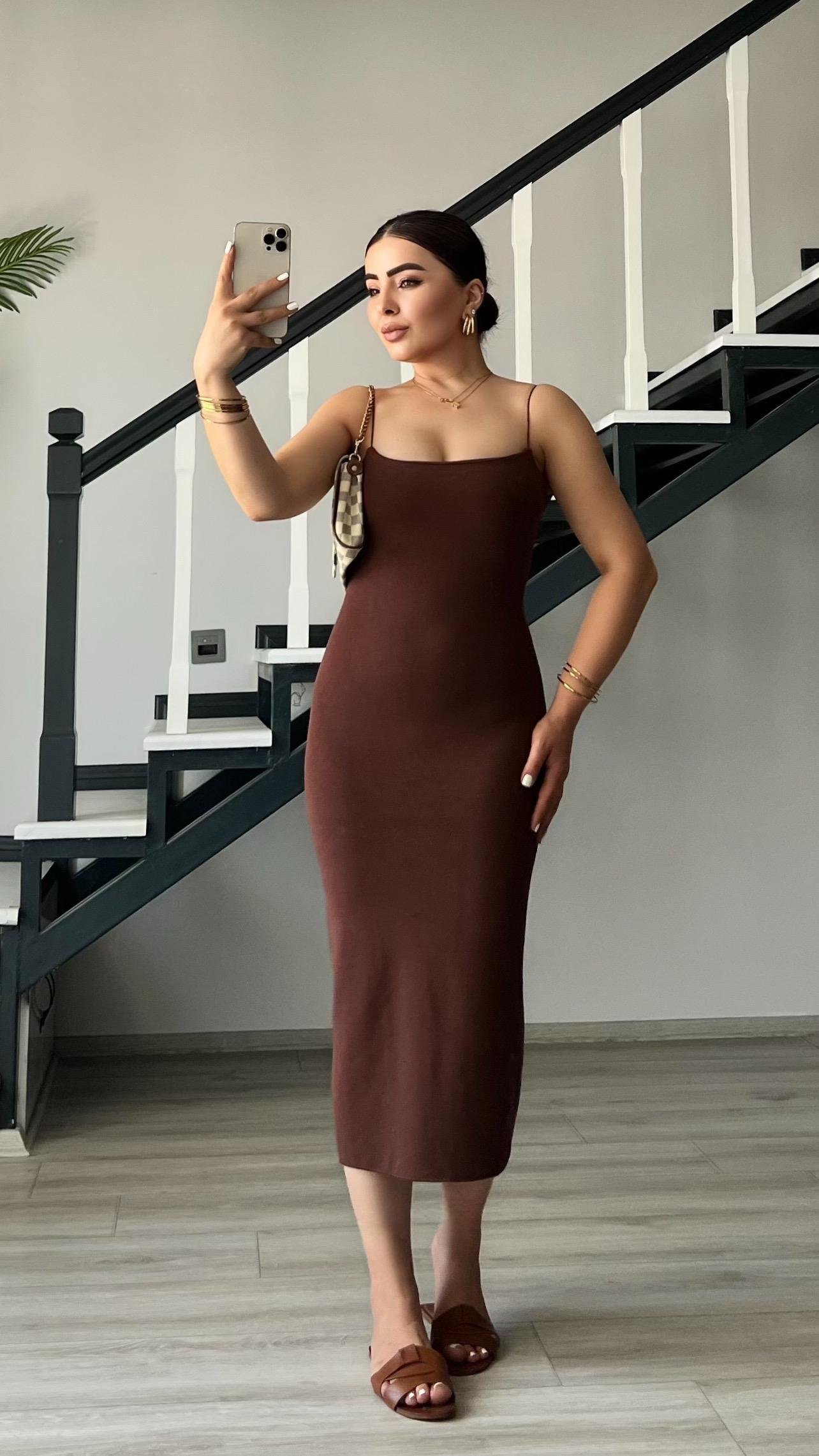 Acı Kahve Çelik Örme Askılı Elbise