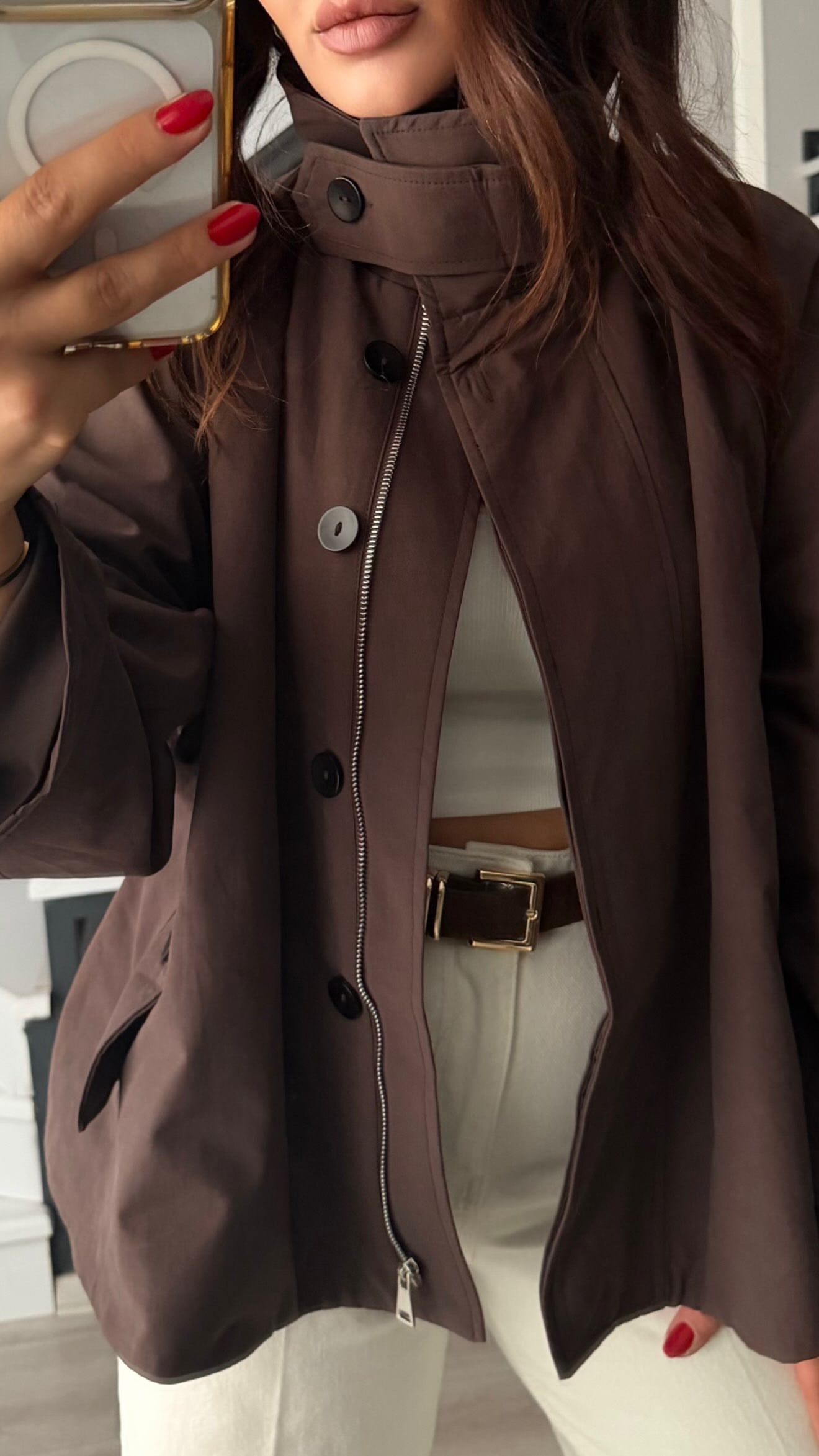 Dark Brown Trench Coat with Removable Fur Collar