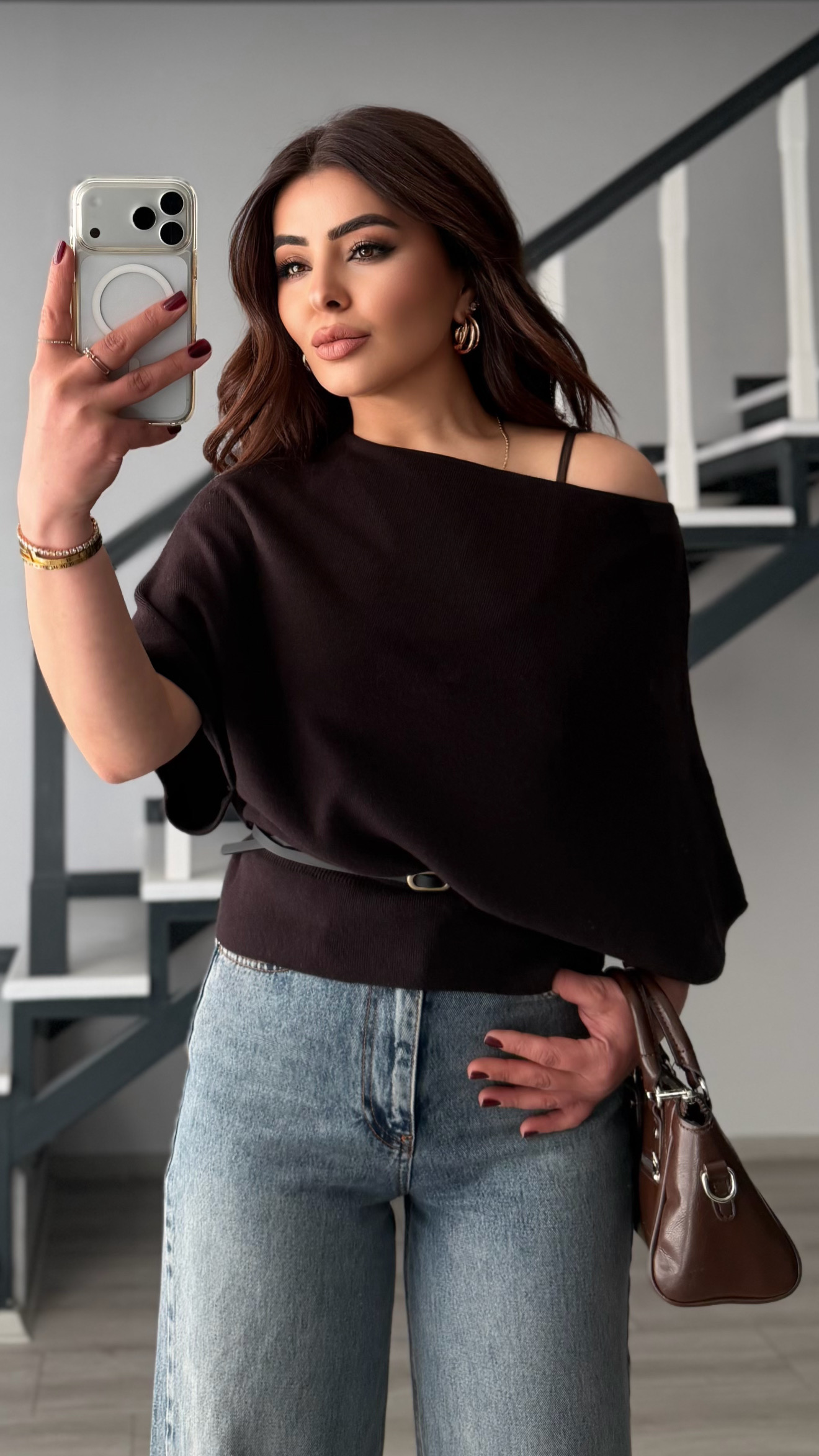 Acı Kahve Kayık Yaka Yarasa Kol Kemerli Triko Bluz
