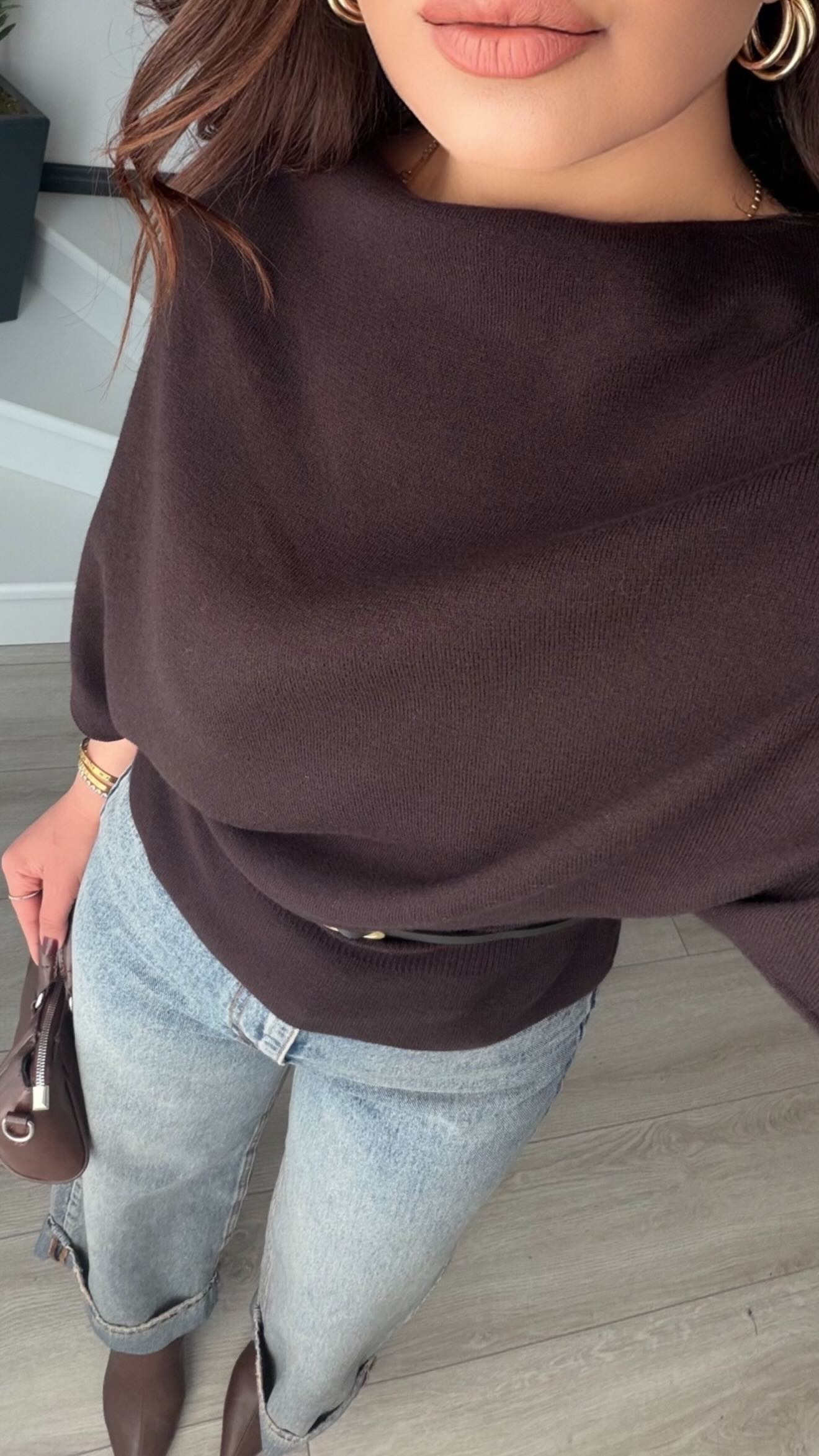 Acı Kahve Kayık Yaka Yarasa Kol Kemerli Triko Bluz