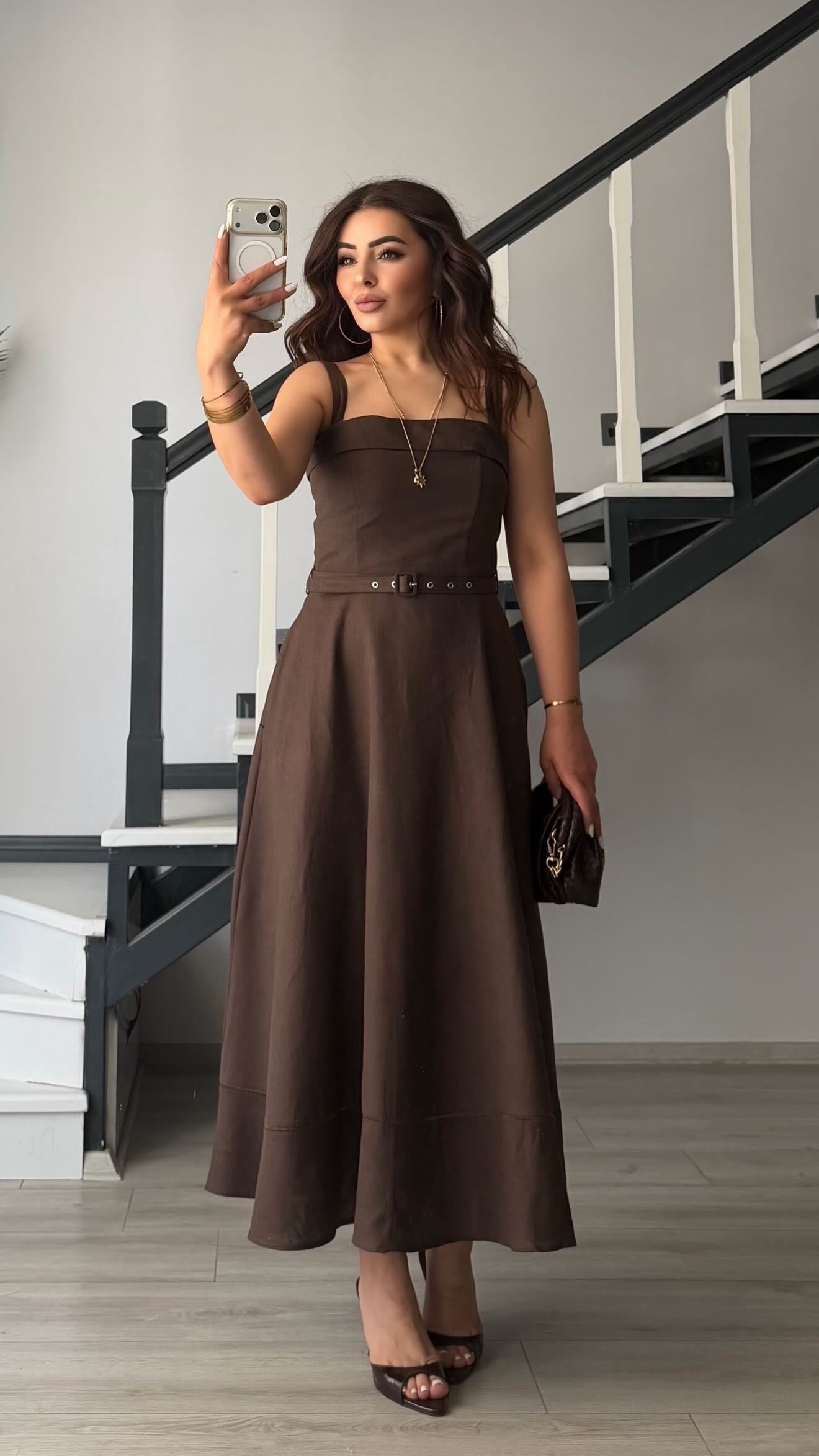 Dark Brown Linen Belted Midi Dress with Straps