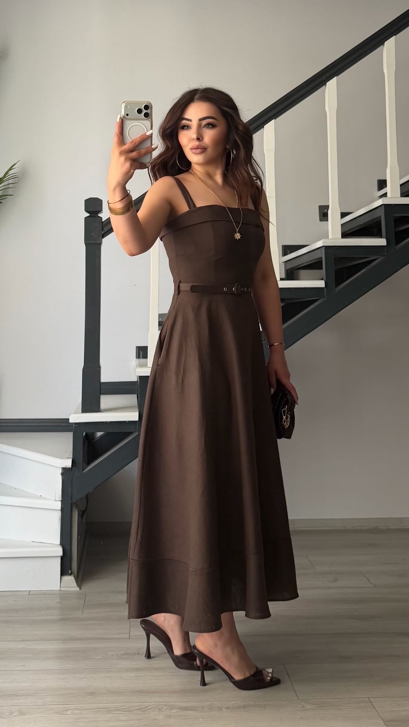 Dark Brown Linen Belted Midi Dress with Straps