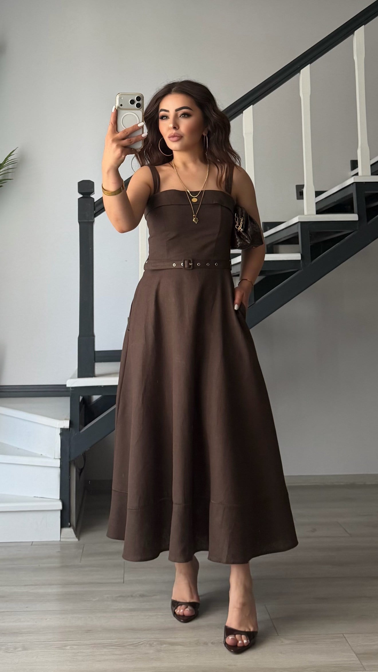 Dark Brown Linen Belted Midi Dress with Straps