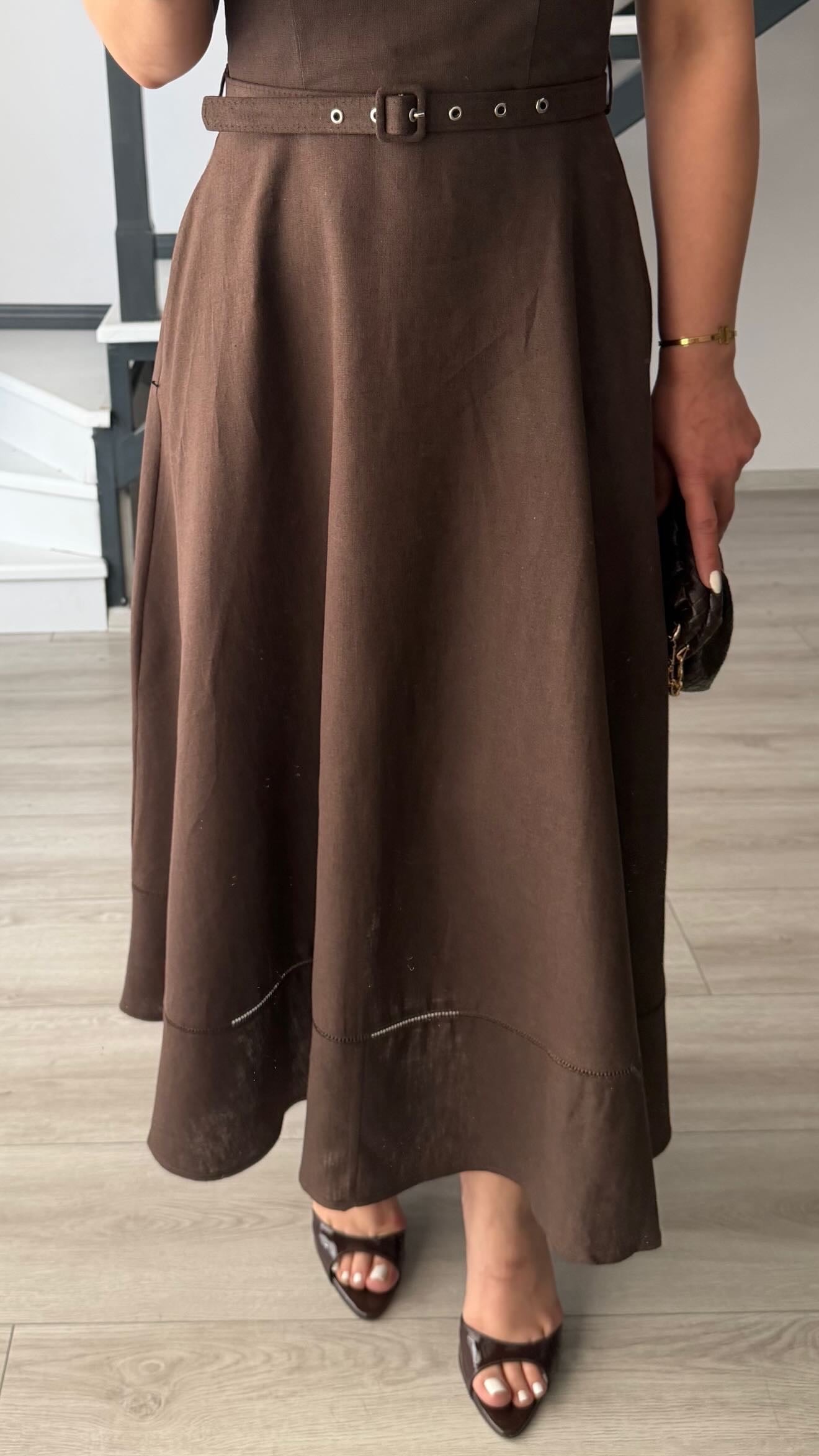 Dark Brown Linen Belted Midi Dress with Straps