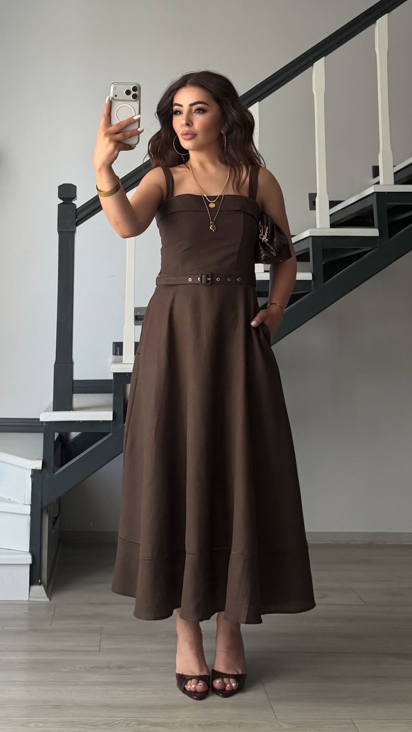 Dark Brown Linen Belted Midi Dress with Straps