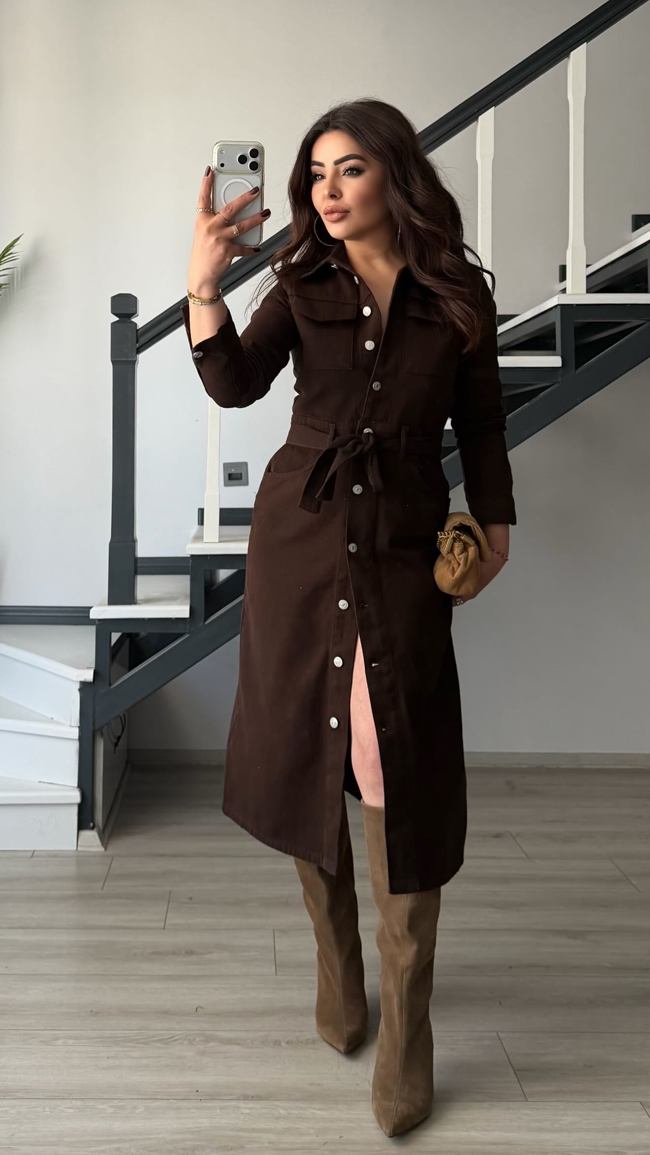 Acı Kahve Kuşaklı Midi Boy Denim Elbise
