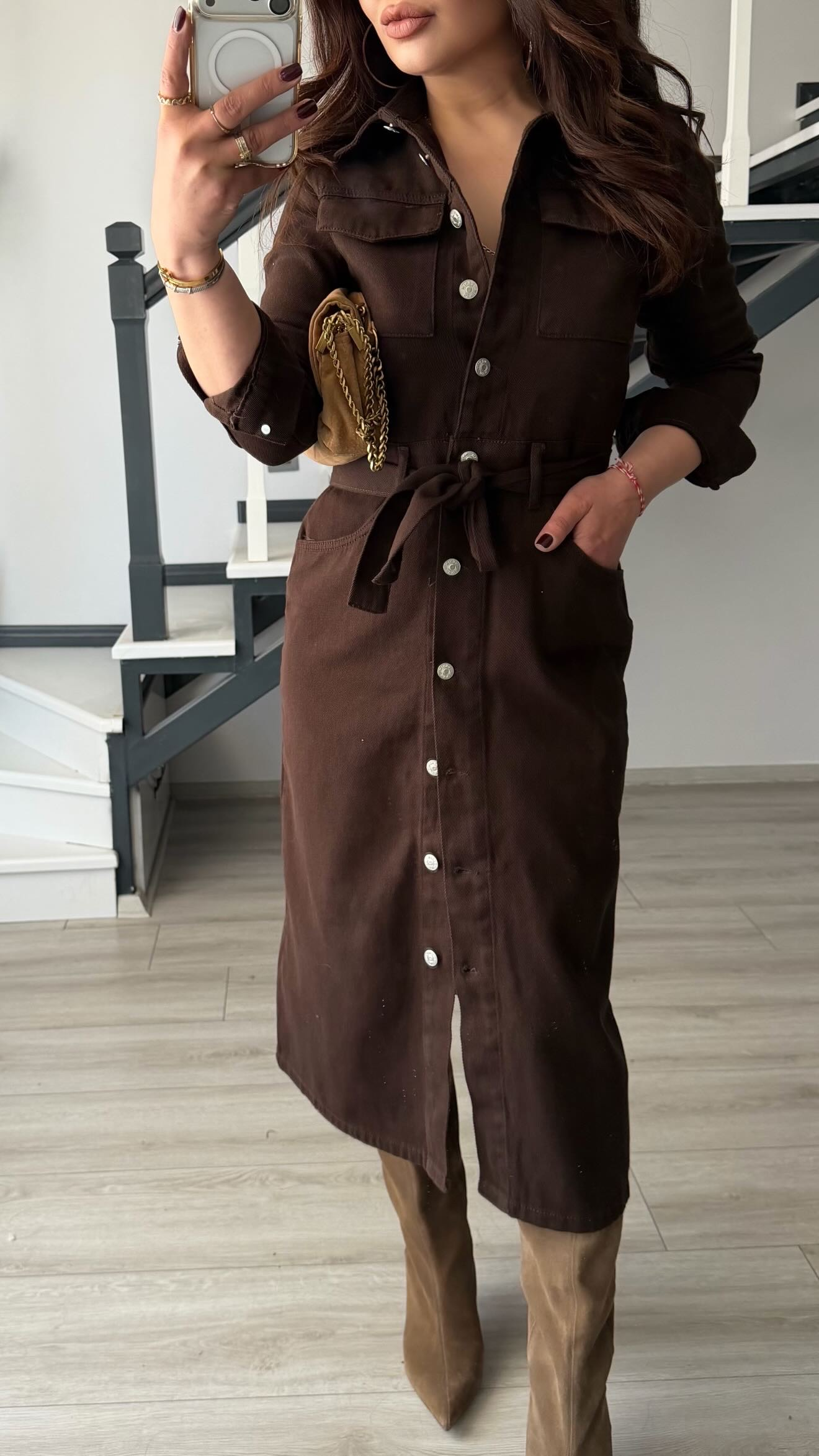 Acı Kahve Kuşaklı Midi Boy Denim Elbise