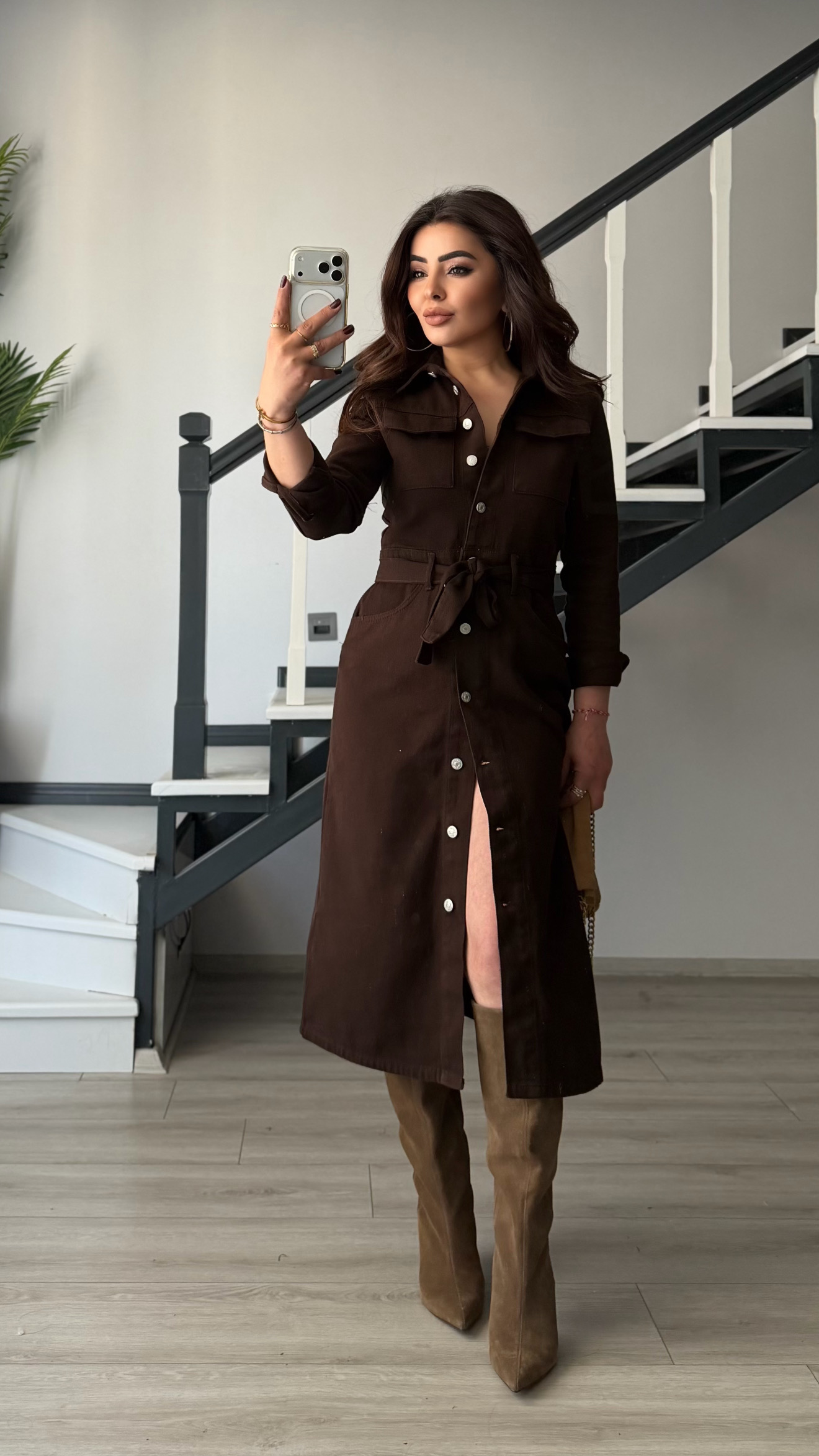 Acı Kahve Kuşaklı Midi Boy Denim Elbise