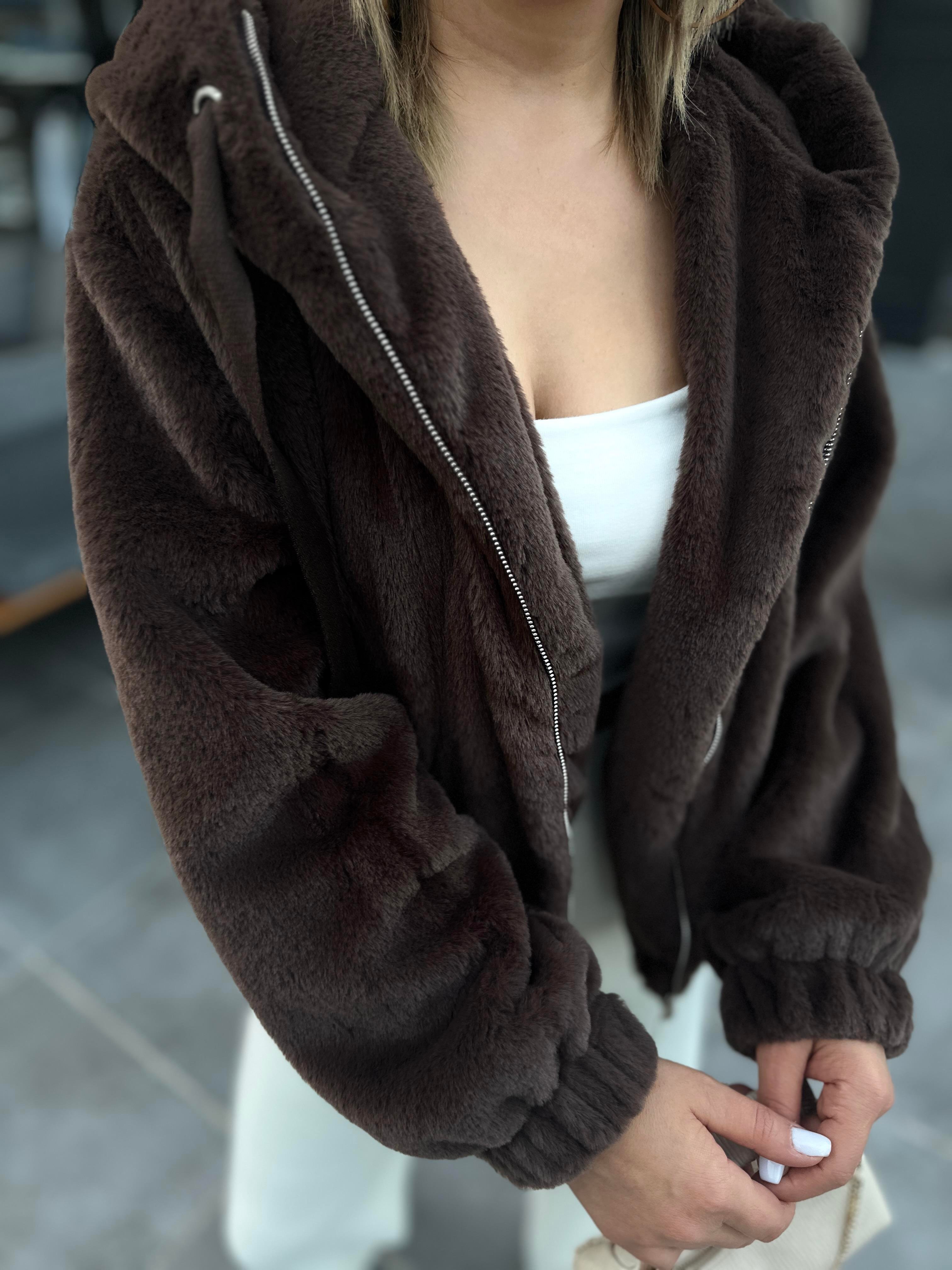 Acı Kahve Peluş Kapüşonlu Mont
