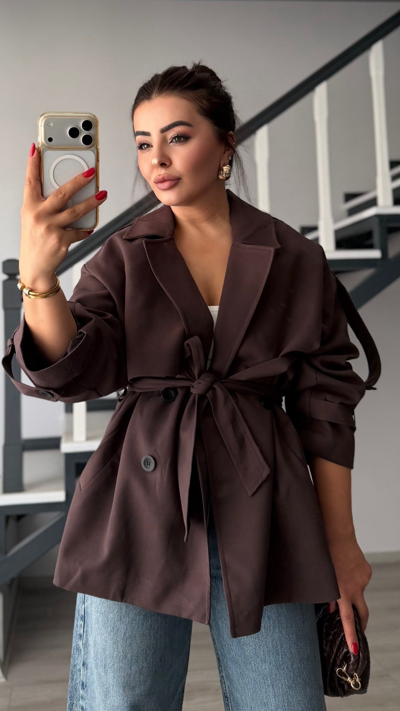 Acı Kahve Premium Kuşaklı Oversize Trençkot