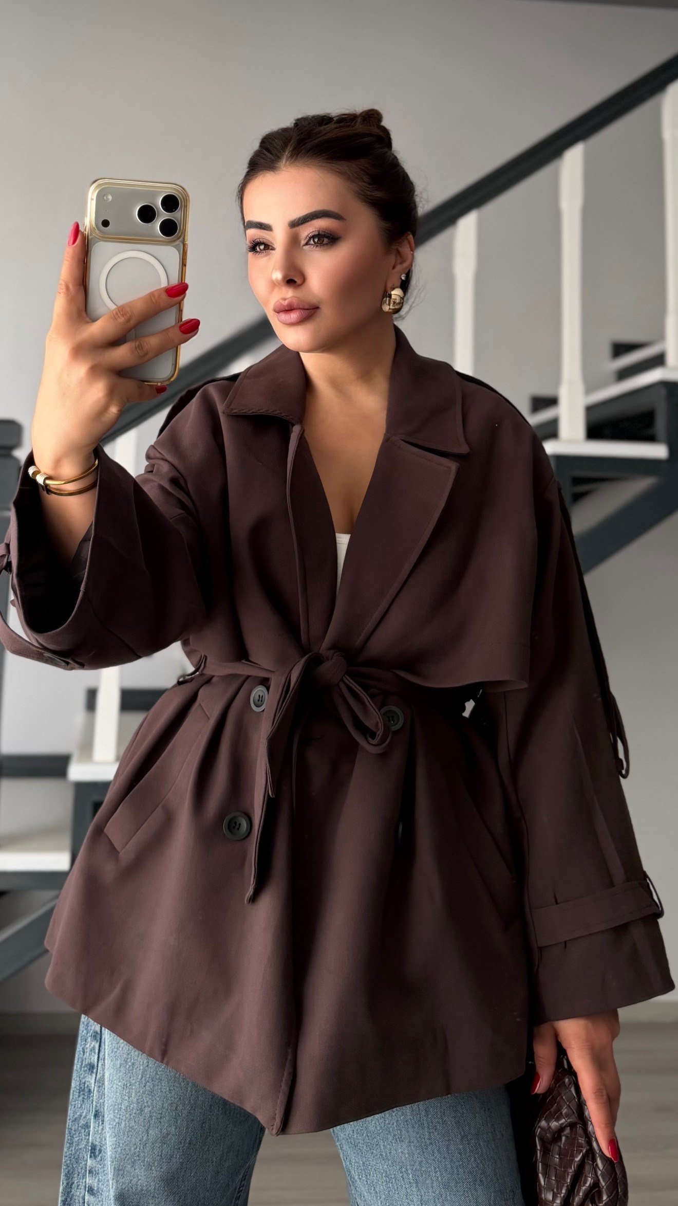 Acı Kahve Premium Kuşaklı Oversize Trençkot