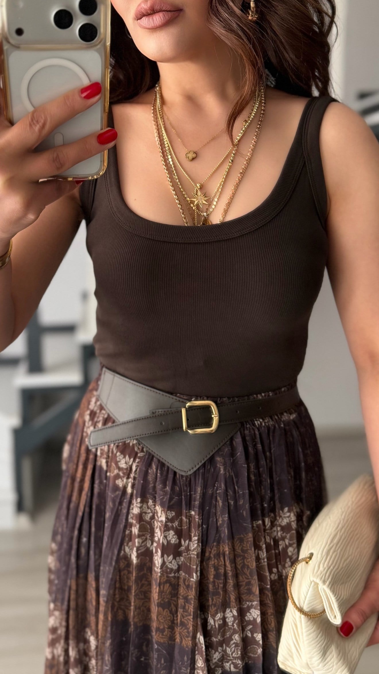Dark Brown U-Neck Ribbed Bodysuit